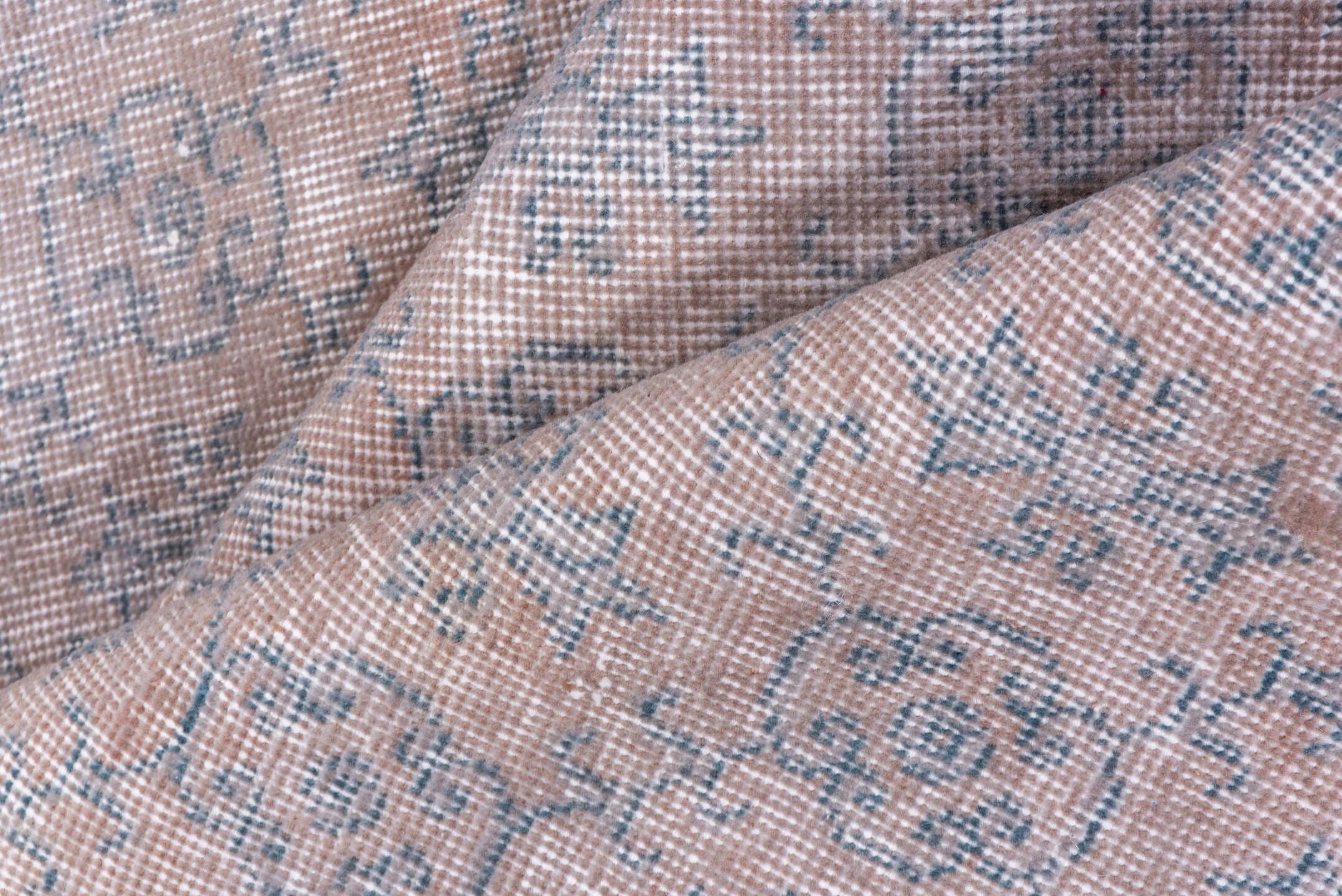 3' x 6' one-of-a-kind handmade vintage Overdyed small size rug. Color palette: blush, ivory, gray, taupe, pink, beige