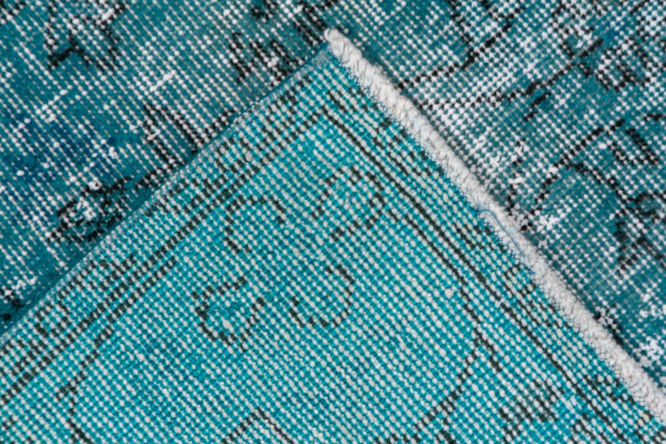 3' x 6' one-of-a-kind handmade vintage Overdyed small size rug. Color palette: turquoise, teal, aqua, ivory, charcoal, gray
