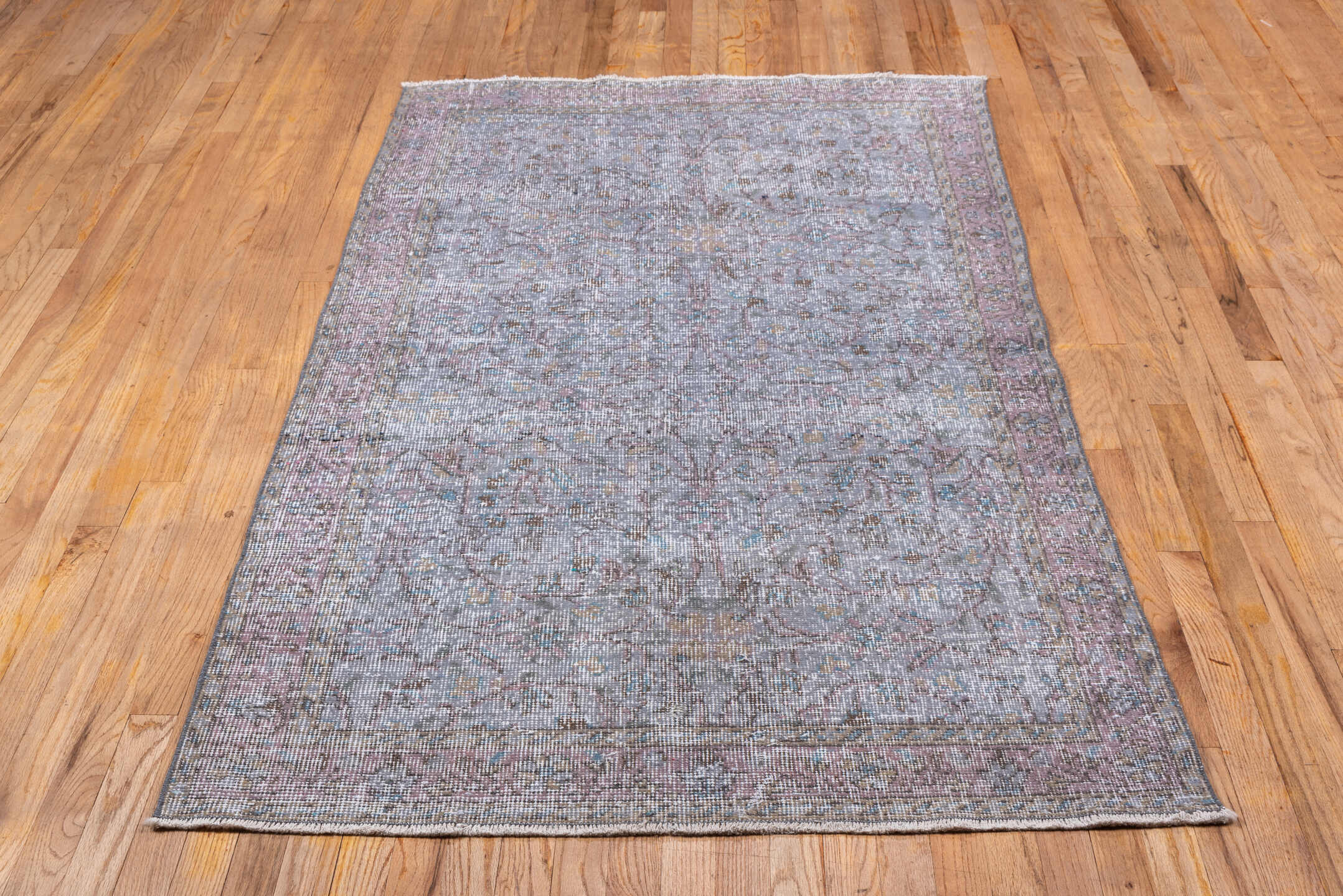 3' x 7' one-of-a-kind handmade vintage Overdyed rug. Color palette: dim gray, gray, light gray, off-white, silver