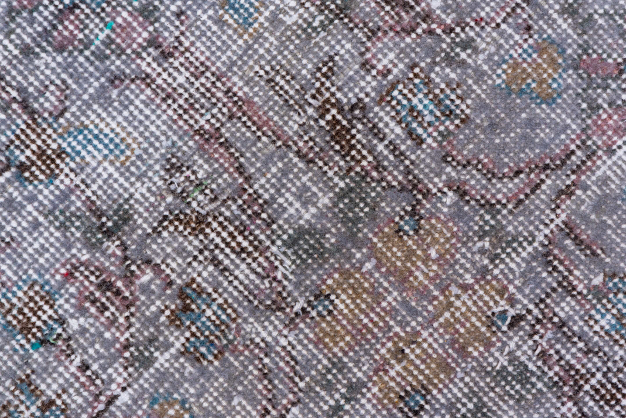 3' x 7' one-of-a-kind handmade vintage Overdyed rug. Color palette: dim gray, gray, light gray, off-white, silver