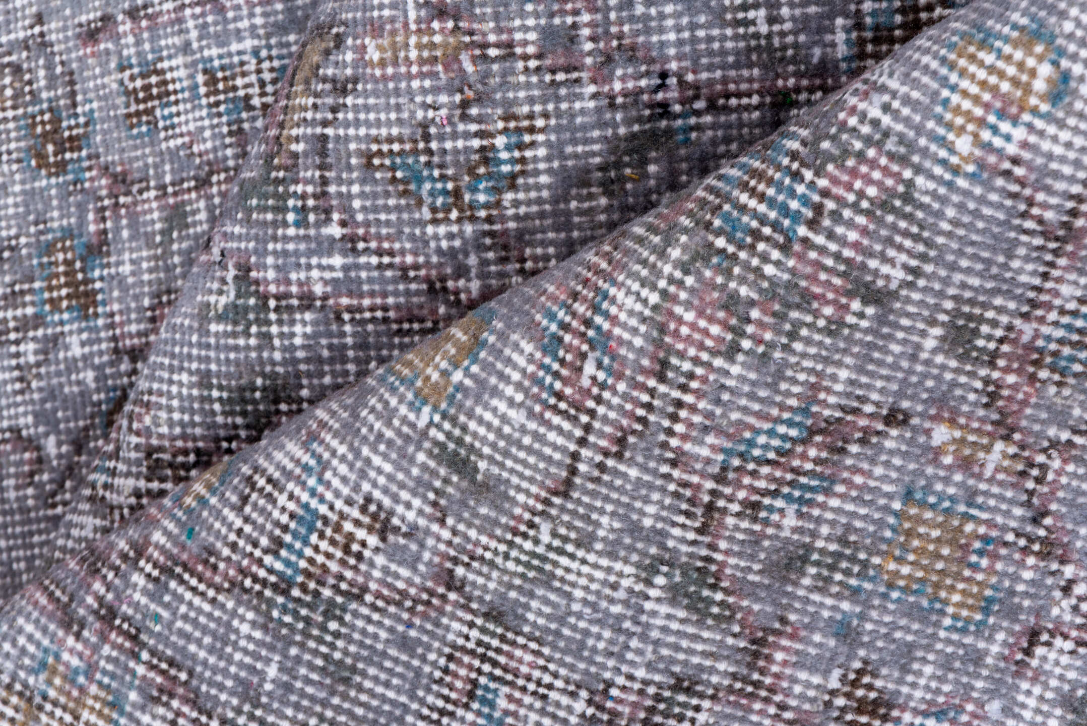 3' x 7' one-of-a-kind handmade vintage Overdyed rug. Color palette: dim gray, gray, light gray, off-white, silver