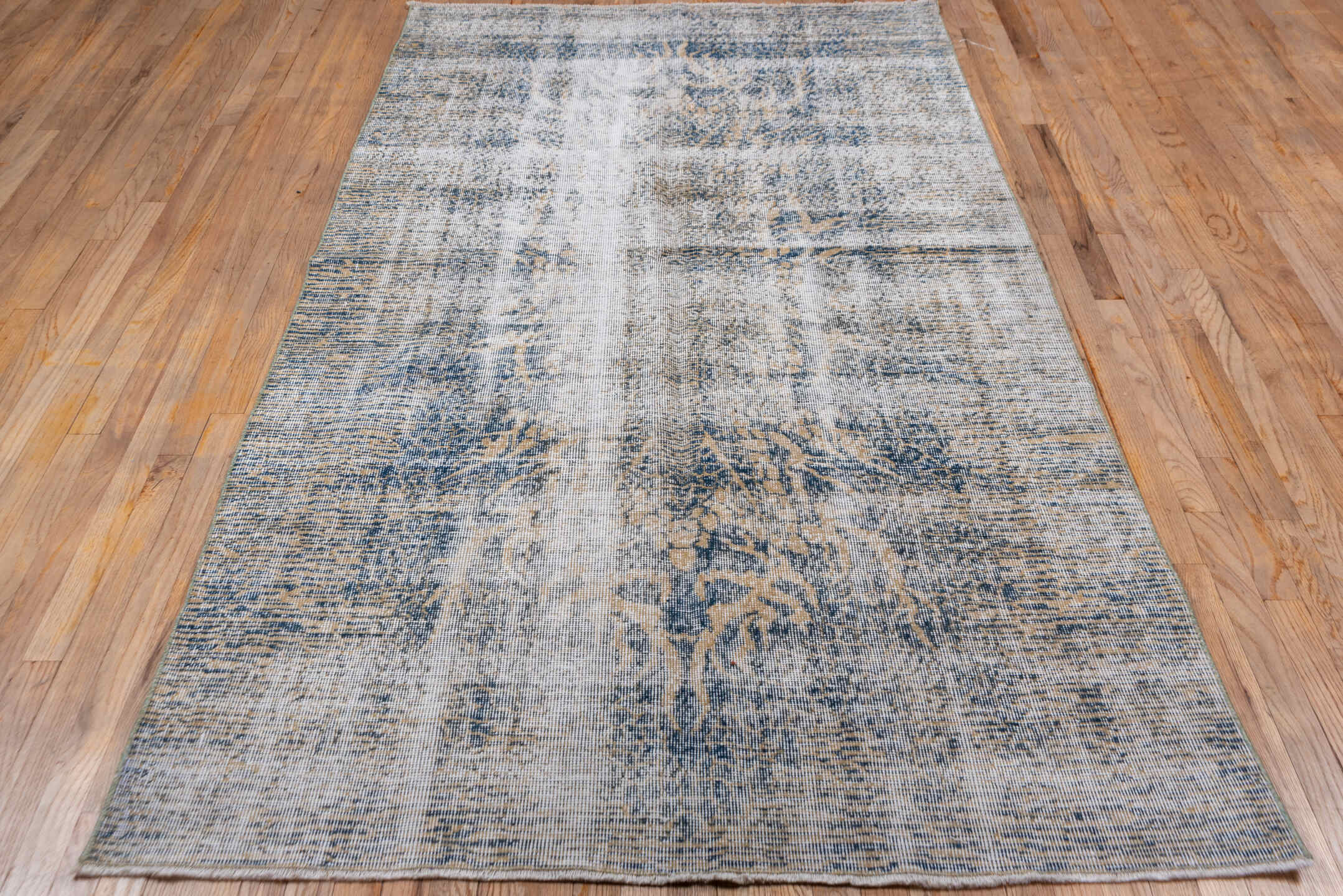 4' x 8' one-of-a-kind handmade vintage Oushak rug. Color palette: ivory, blue, taupe, beige, slate, gray