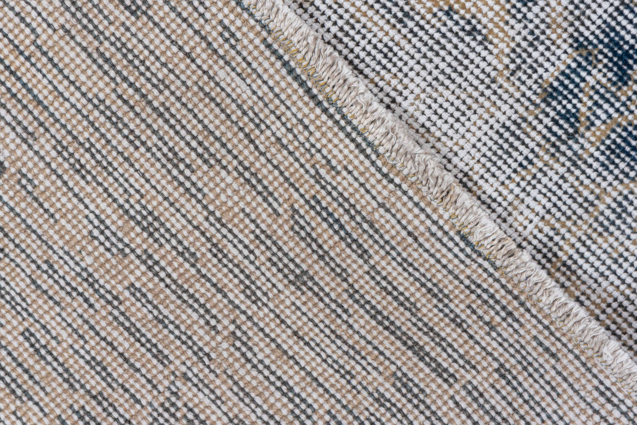 4' x 8' one-of-a-kind handmade vintage Oushak rug. Color palette: ivory, blue, taupe, beige, slate, gray