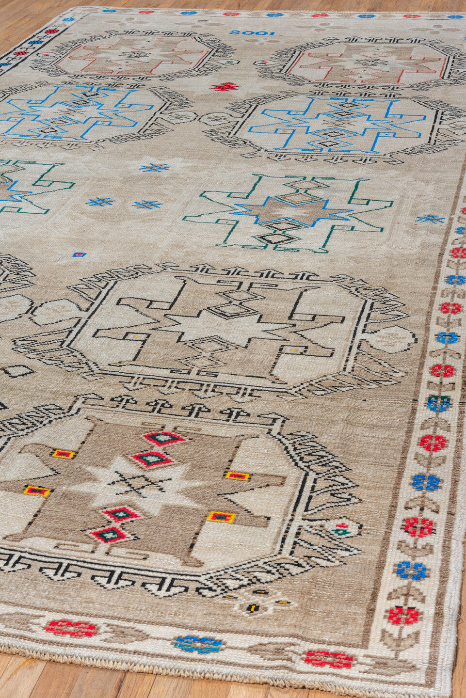 6' x 13' one-of-a-kind handmade vintage Kars large size rug. Color palette: ivory, taupe, cobalt, red, teal, charcoal