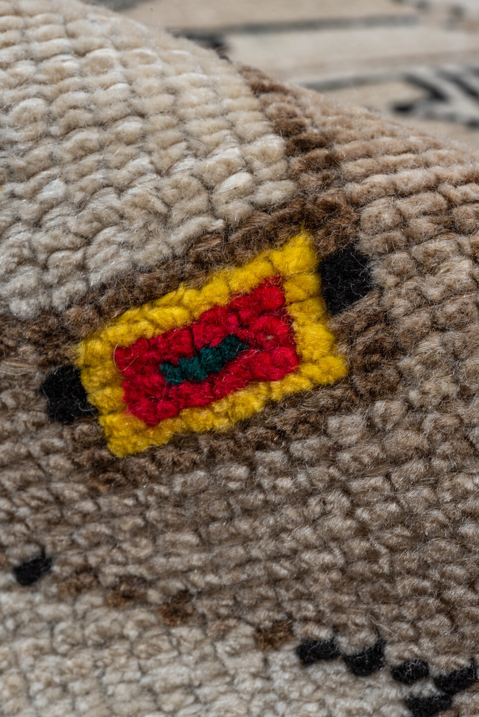 6' x 13' one-of-a-kind handmade vintage Kars large size rug. Color palette: gray, black, light gray, off-white, brown, pink