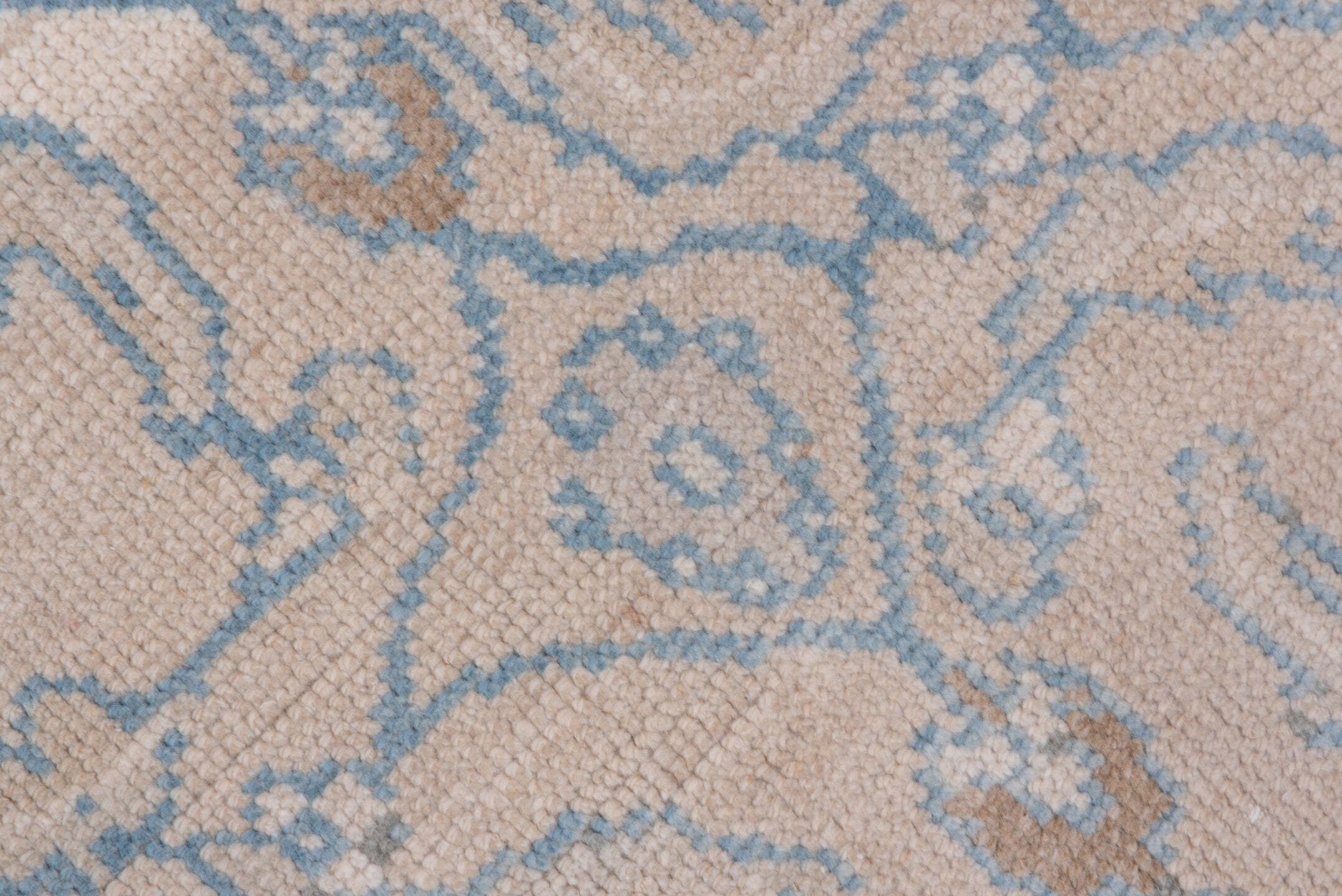 3' x 6' one-of-a-kind handmade vintage Oushak runner rug. Color palette: ivory, pale blue, beige, taupe, camel, light blue
