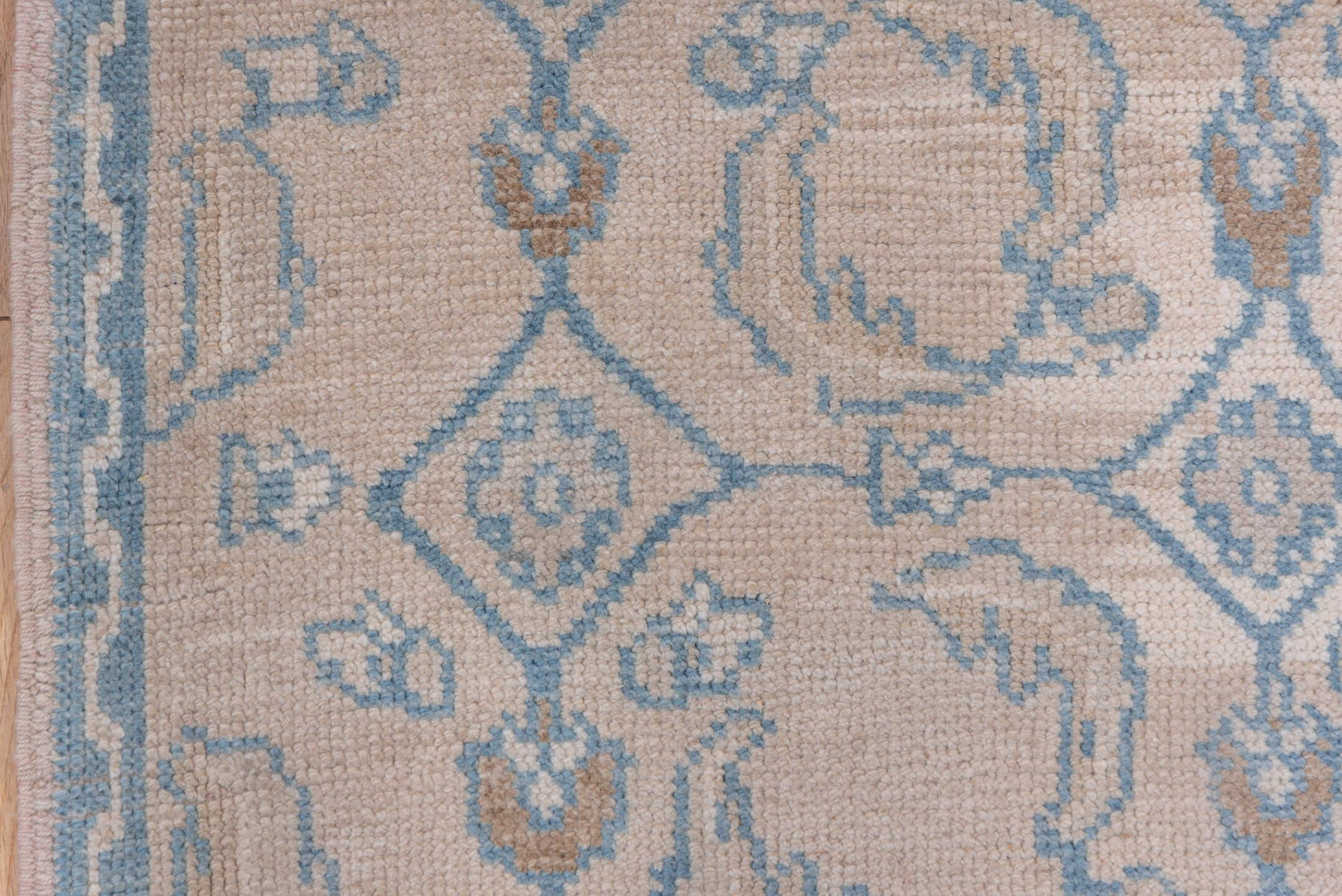 3' x 6' one-of-a-kind handmade vintage Oushak runner rug. Color palette: ivory, pale blue, beige, taupe, camel, light blue