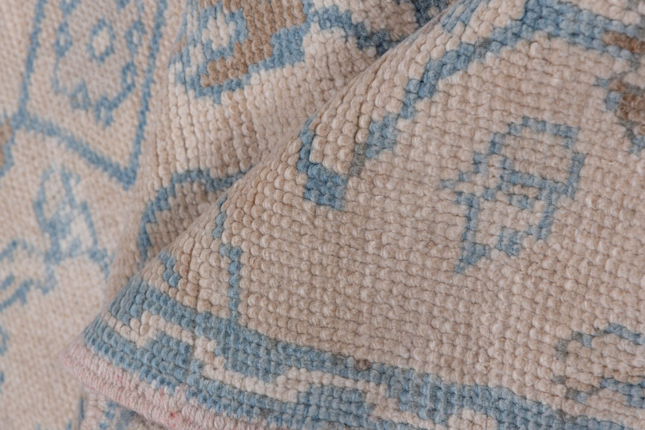 3' x 6' one-of-a-kind handmade vintage Oushak runner rug. Color palette: ivory, pale blue, beige, taupe, camel, light blue