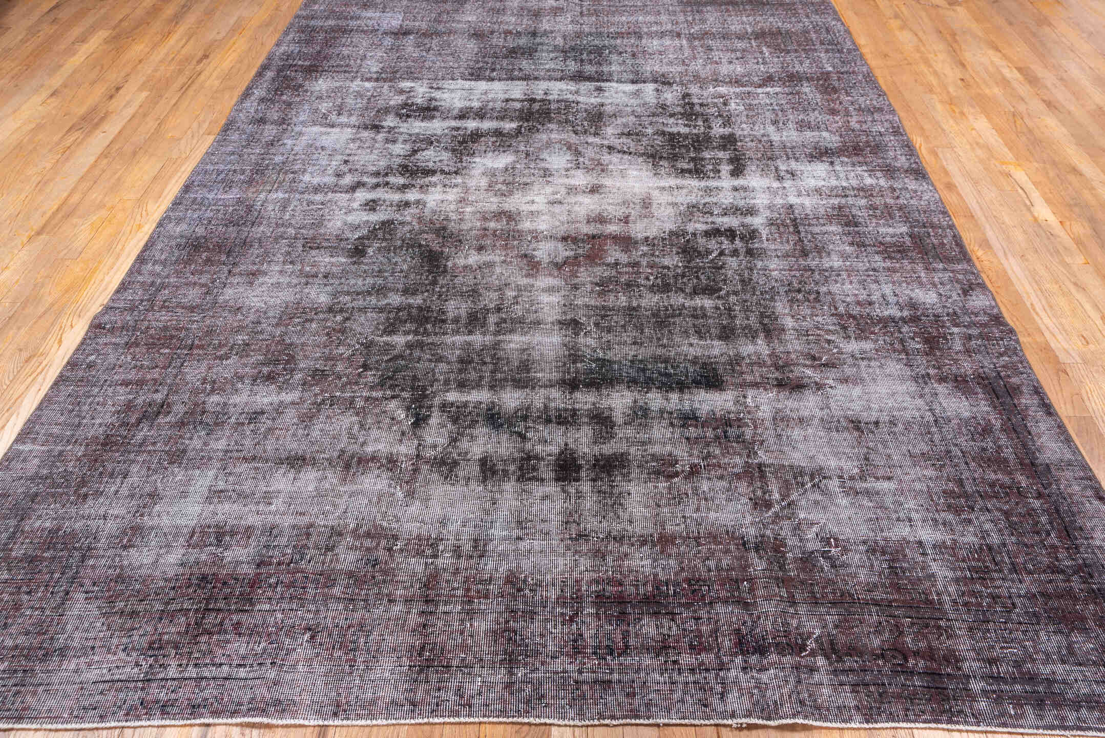 7' x 10' one-of-a-kind handmade vintage Overdyed large size rug. Color palette: black, brown, charcoal, dark gray, gainsboro