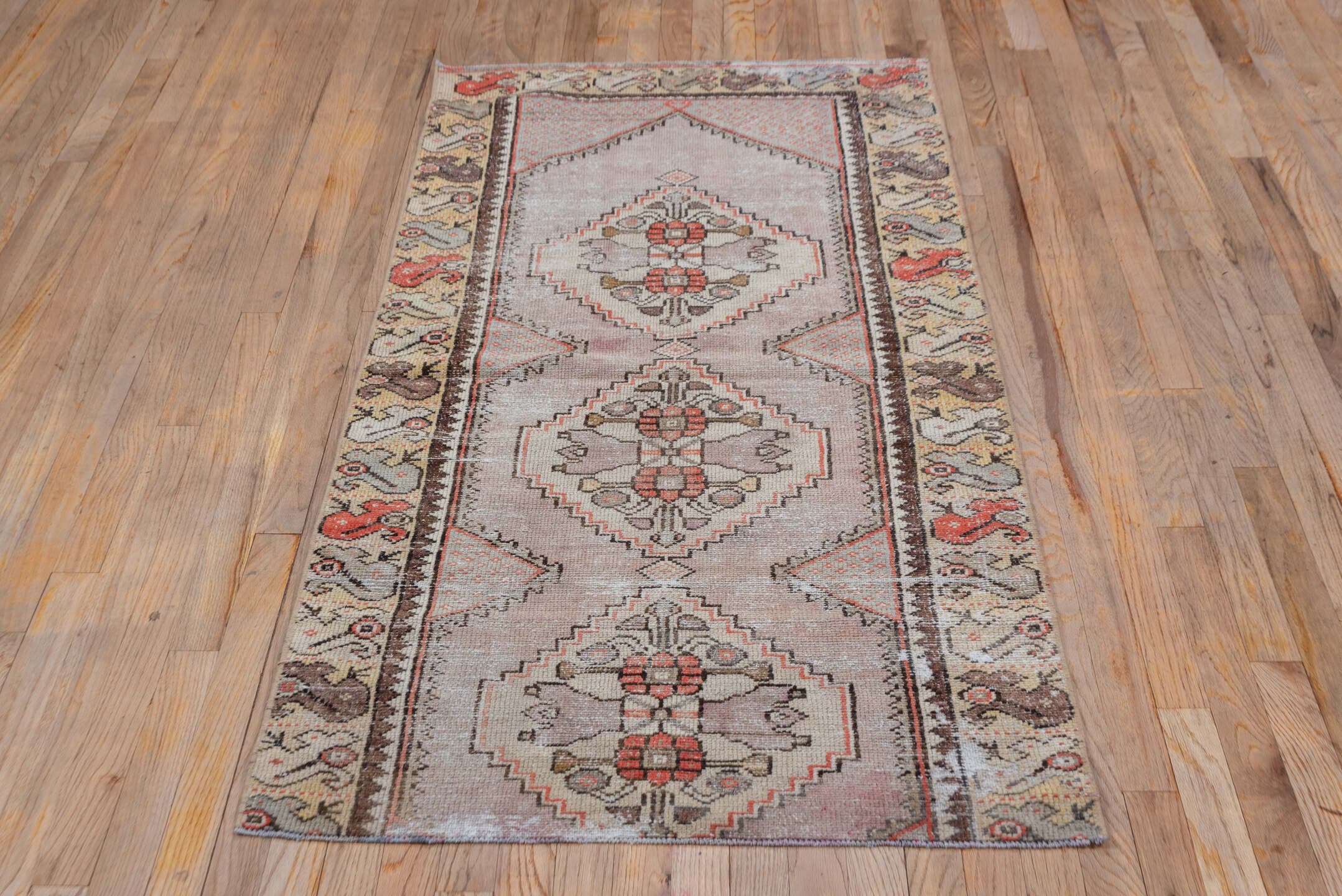 2' x 6' one-of-a-kind handmade vintage Oushak runner rug. Color palette: taupe, ivory, rust, brown, gray, rose, beige