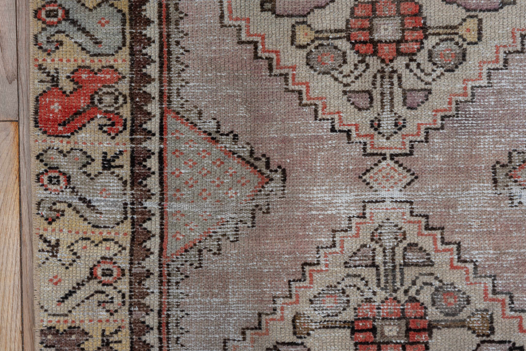 2' x 6' one-of-a-kind handmade vintage Oushak runner rug. Color palette: brown, gray, light gray, pink