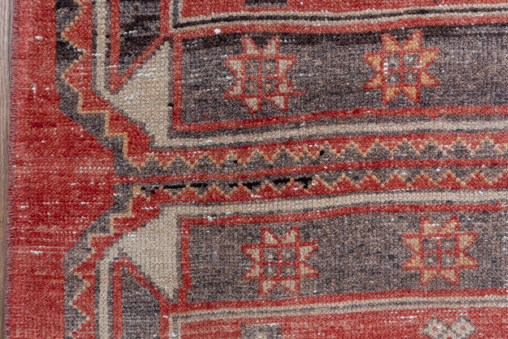 3' x 11' one-of-a-kind handmade vintage Oushak runner rug. Color palette: terra cotta, charcoal, ivory, rose, taupe, brown