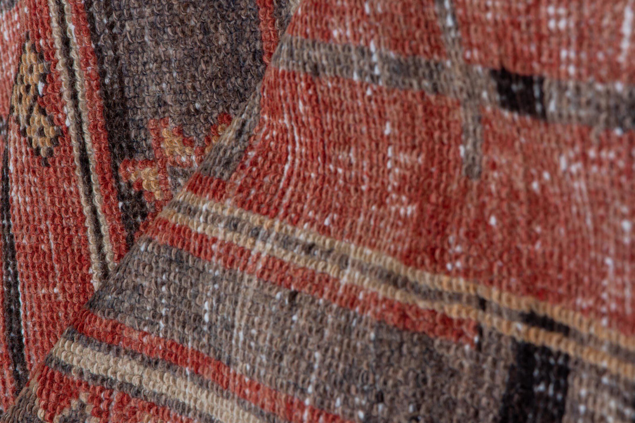 3' x 11' one-of-a-kind handmade vintage Oushak runner rug. Color palette: terra cotta, charcoal, ivory, rose, taupe, brown