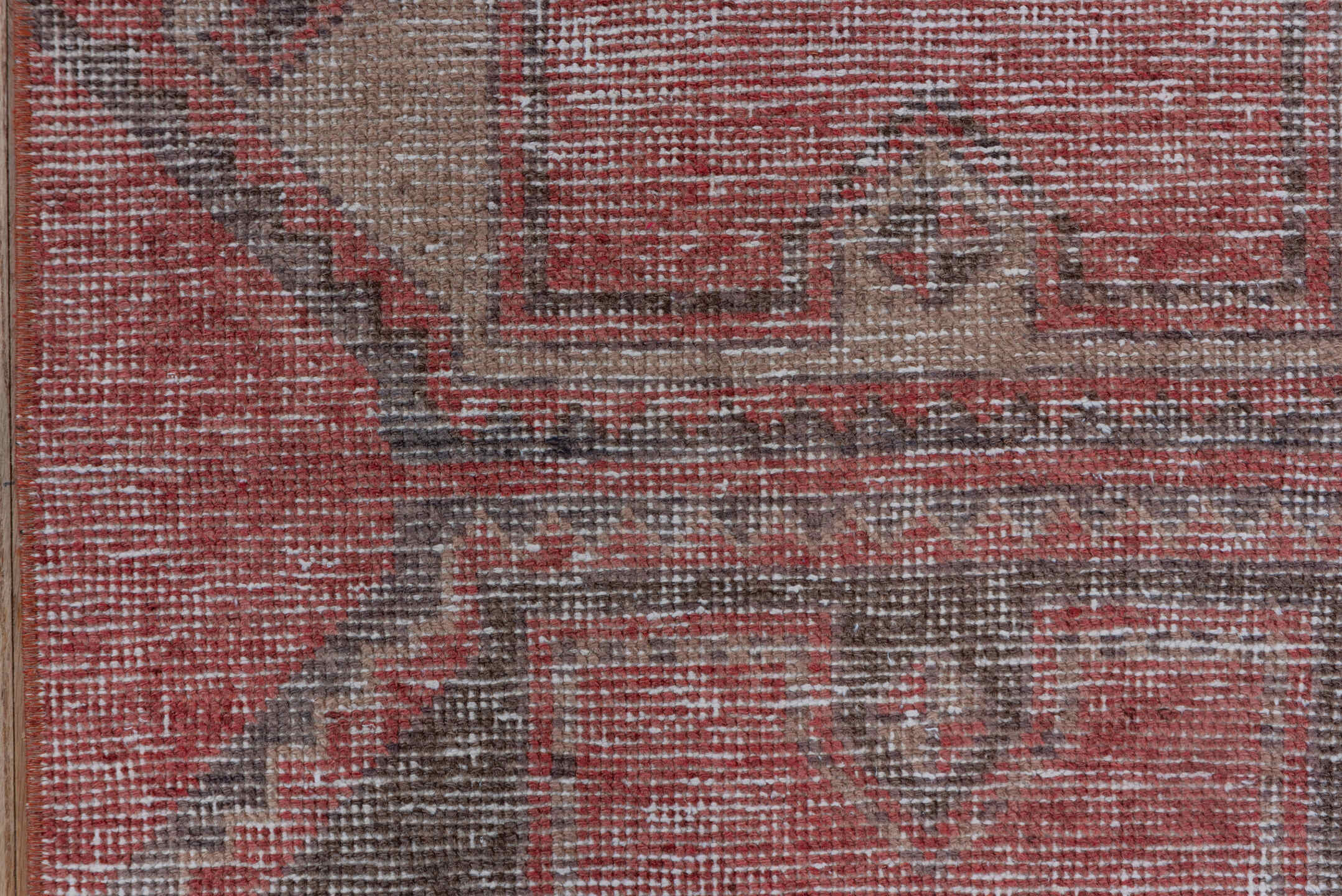 2' x 10' one-of-a-kind handmade vintage Oushak runner rug. Color palette: brown, gray, light gray, off-white, pink, red