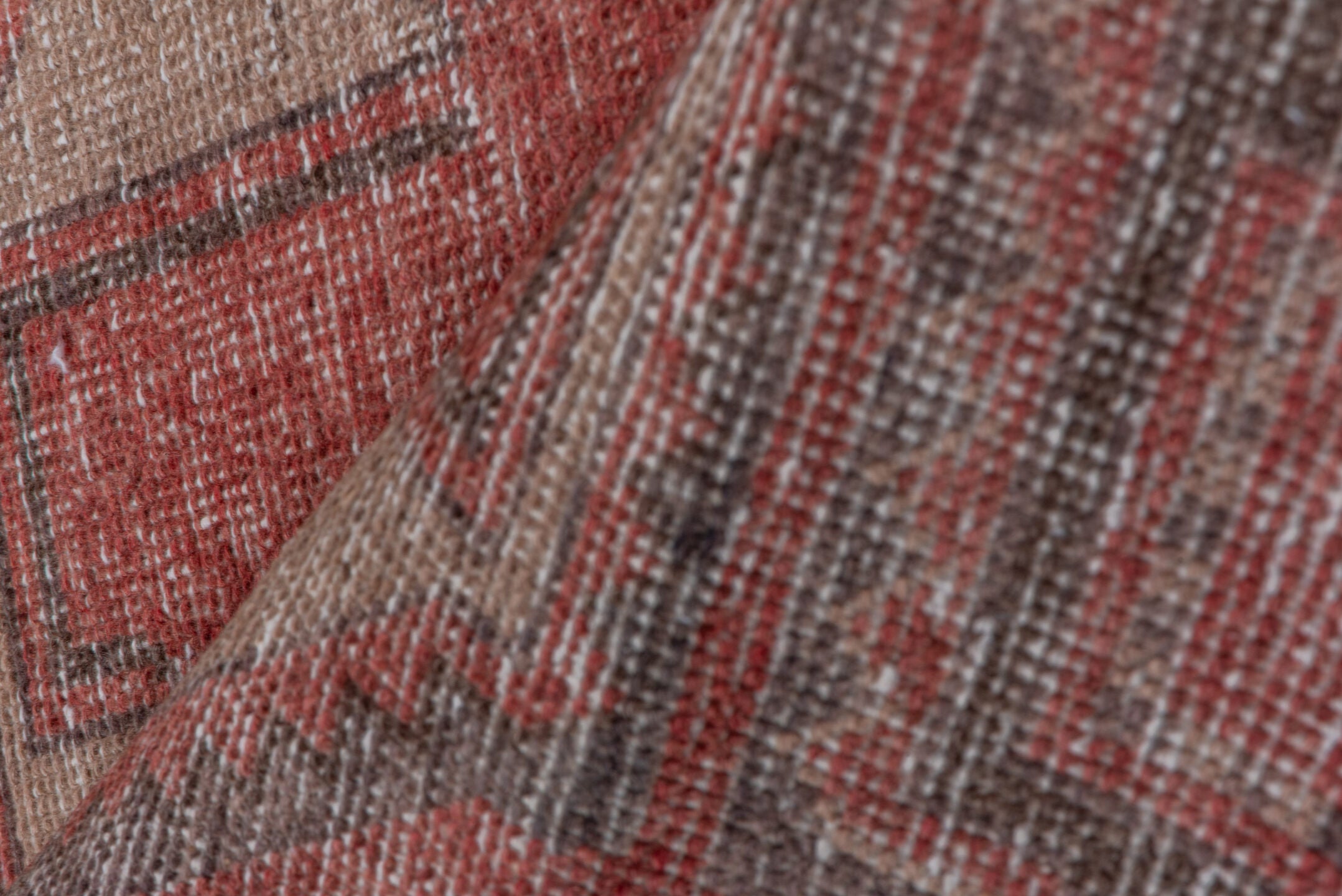 2' x 10' one-of-a-kind handmade vintage Oushak runner rug. Color palette: brown, gray, light gray, off-white, pink, red