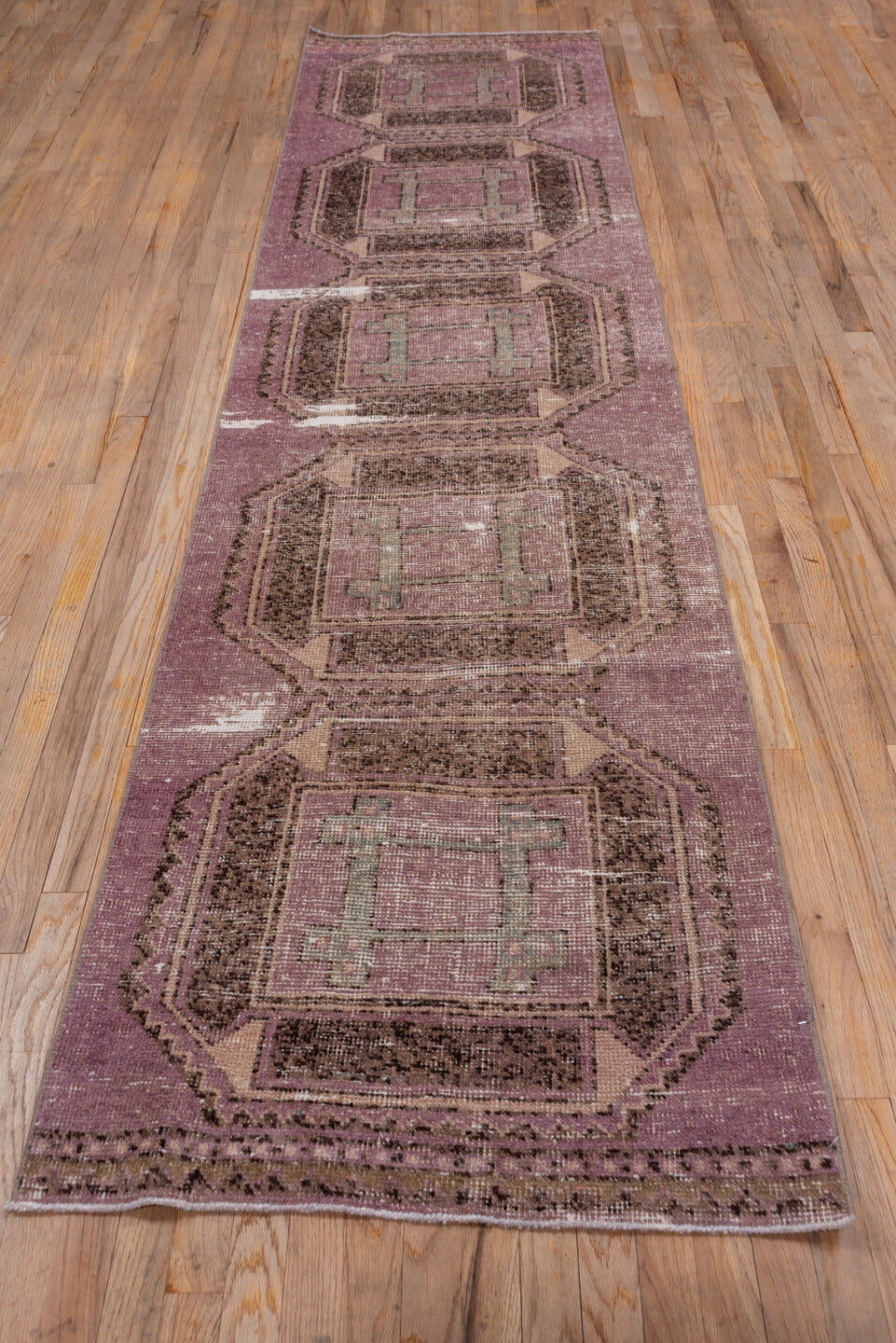 2' x 11' one-of-a-kind handmade vintage Oushak runner rug. Color palette: dusty rose, taupe, brown, mauve, beige, ivory