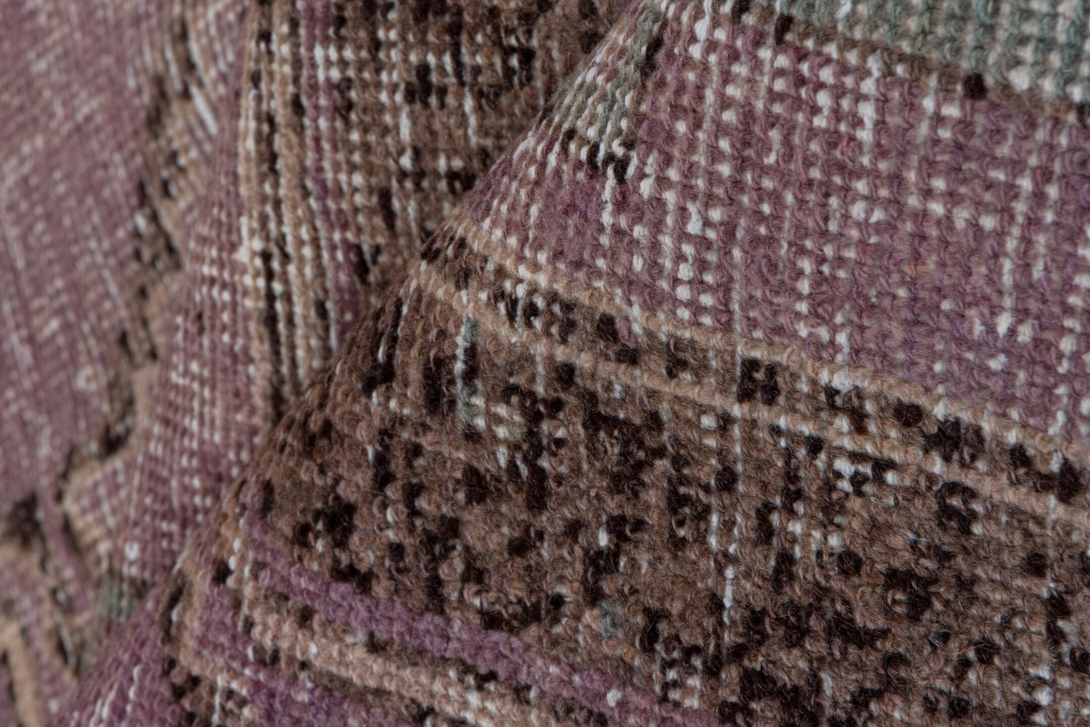2' x 11' one-of-a-kind handmade vintage Oushak runner rug. Color palette: dusty rose, taupe, brown, mauve, beige, ivory