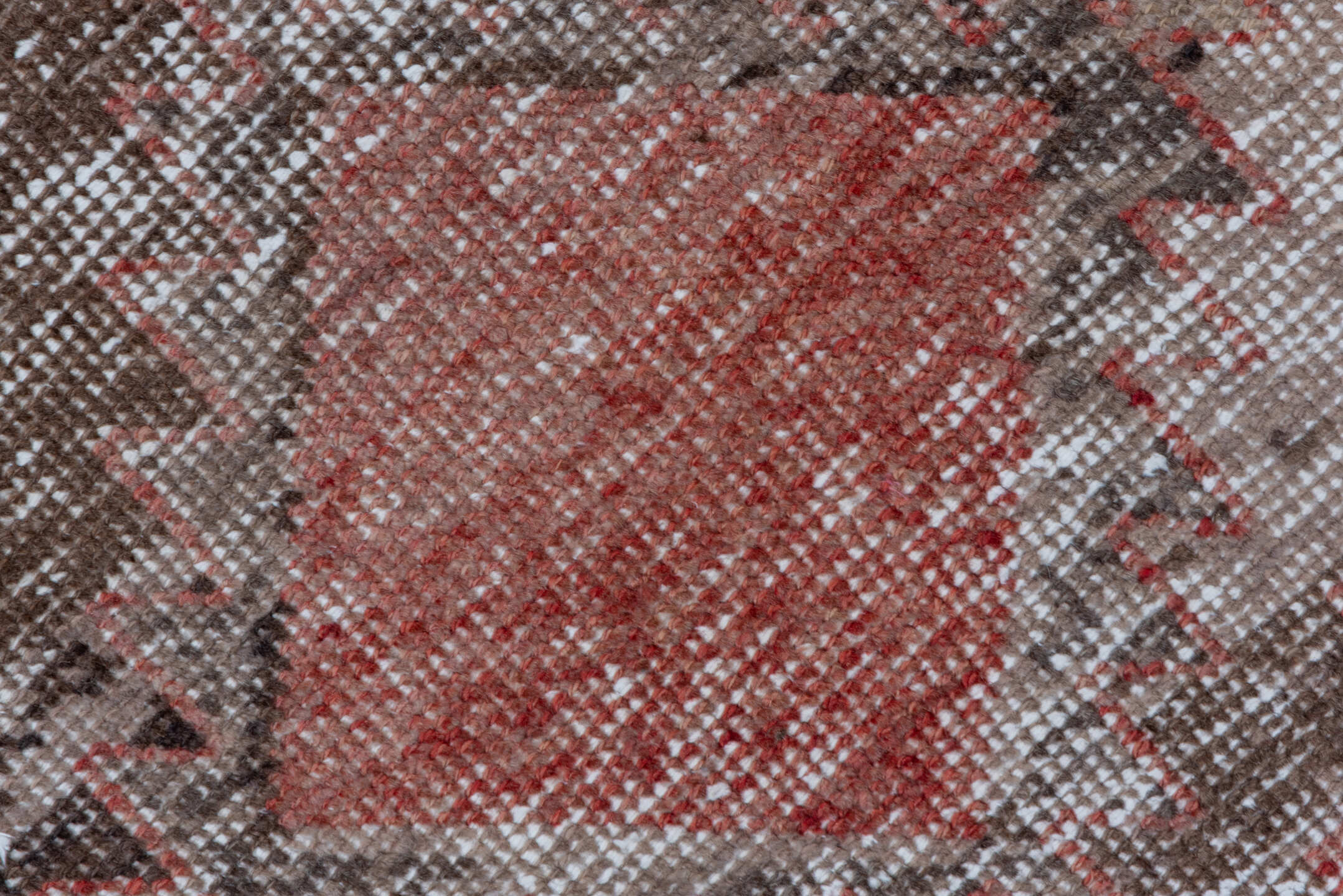 2' x 10' one-of-a-kind handmade vintage Oushak runner rug. Color palette: brown, gray, light gray, off-white, pink, red