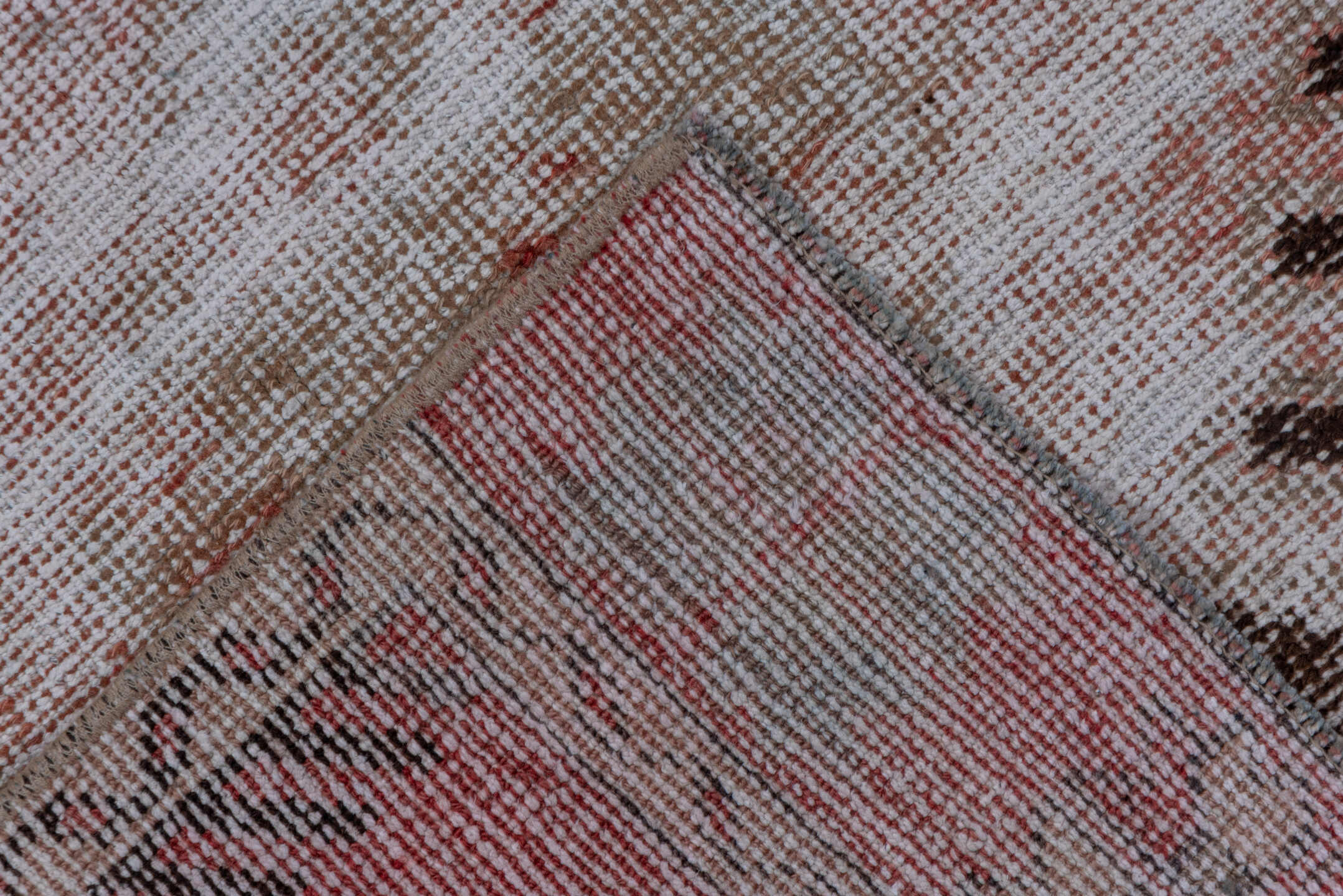 2' x 11' one-of-a-kind handmade vintage Oushak runner rug. Color palette: brown, gray, light gray, pink, red