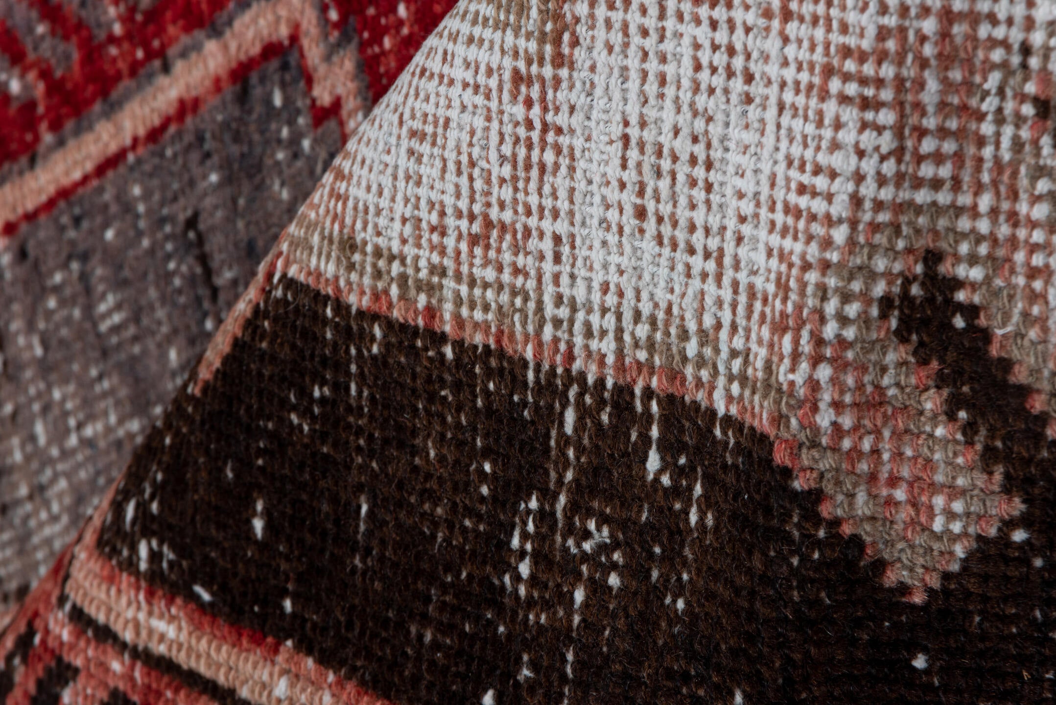 2' x 11' one-of-a-kind handmade vintage Oushak runner rug. Color palette: brown, gray, light gray, pink, red