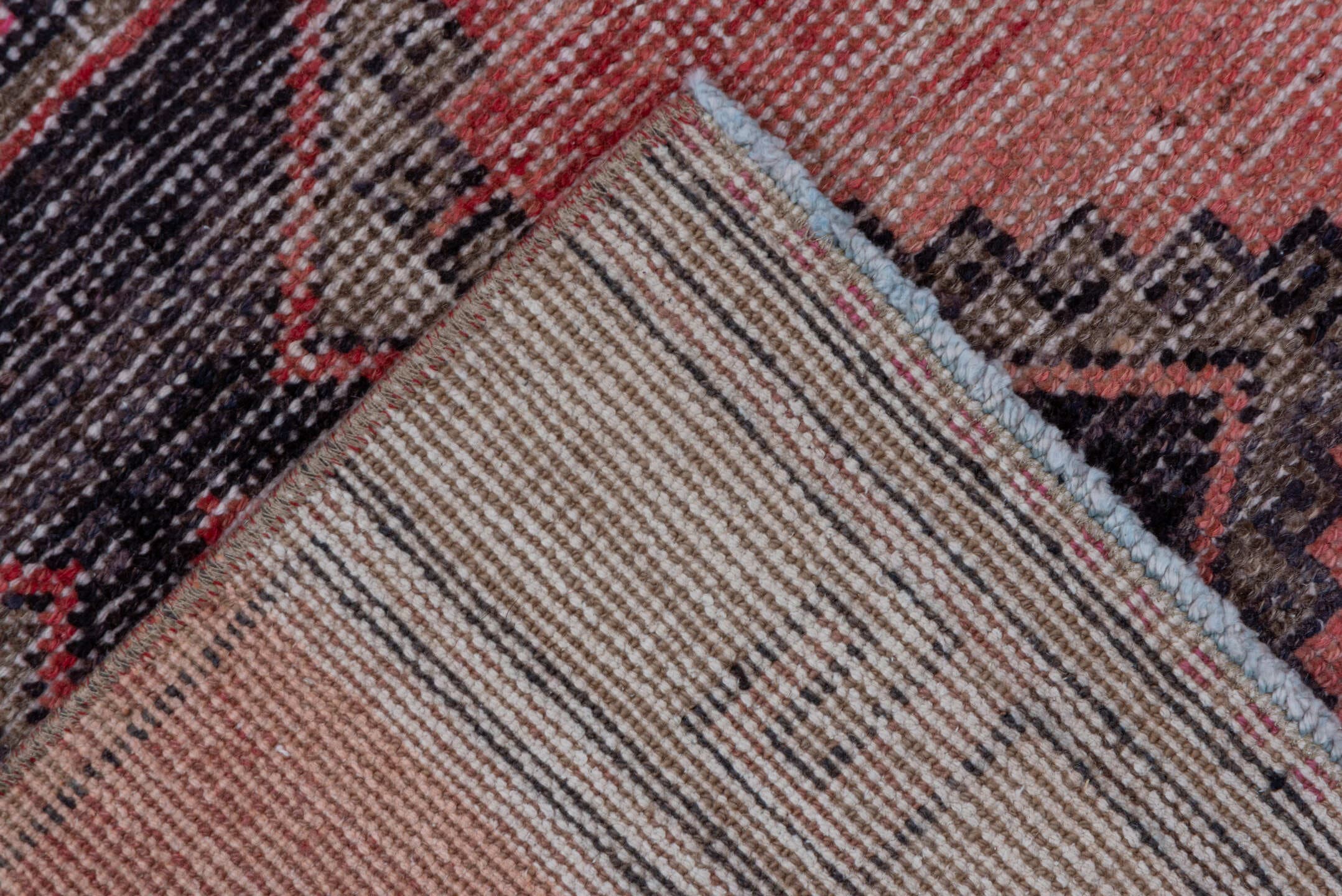 2' x 9' one-of-a-kind handmade vintage Oushak runner rug. Color palette: terra cotta, ivory, charcoal, rose, taupe, burgundy