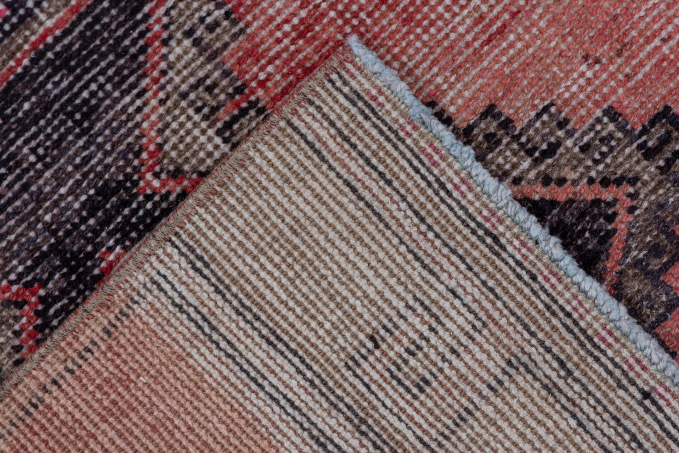 2' x 9' one-of-a-kind handmade vintage Oushak runner rug. Color palette: brown, gray, light gray, pink, red