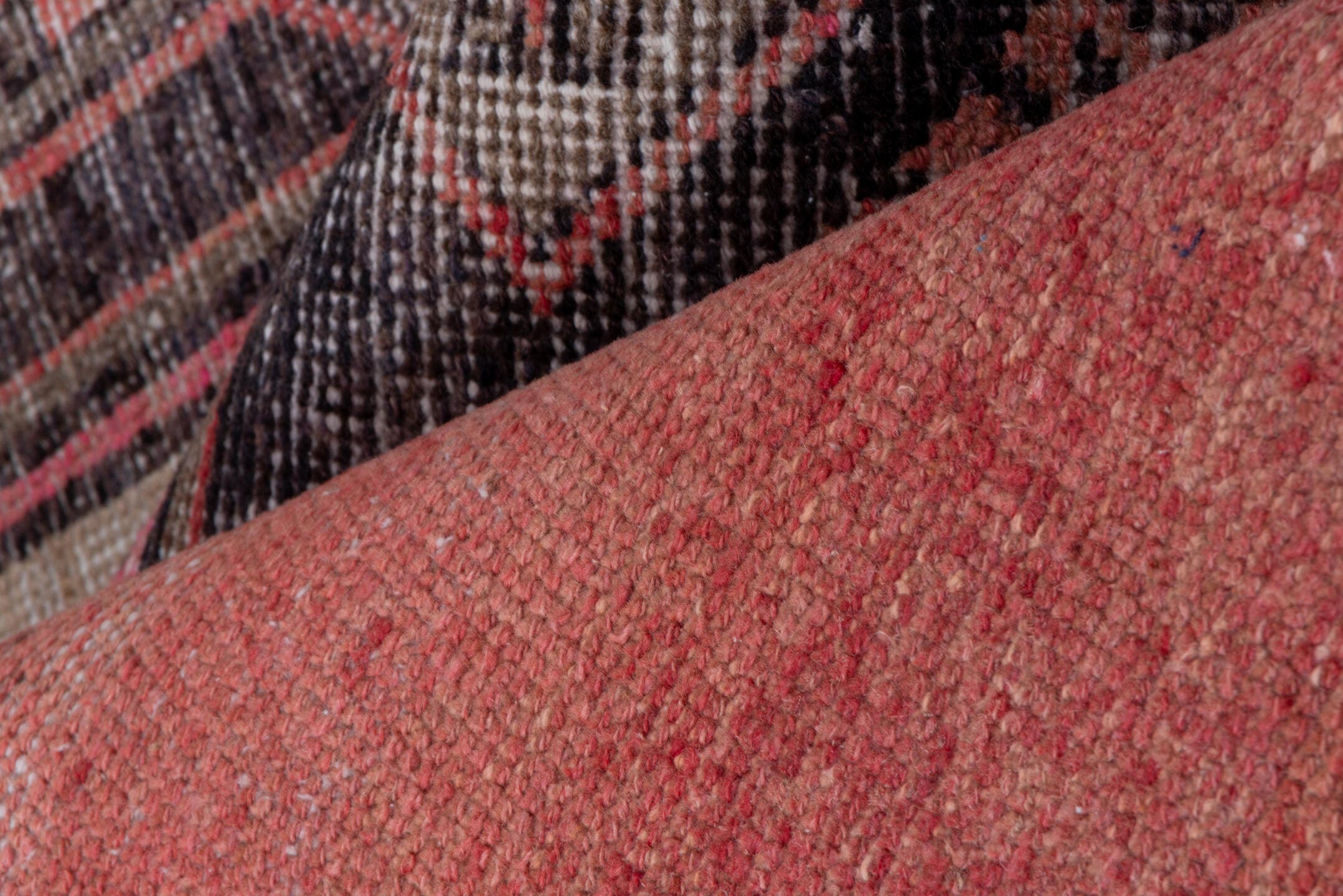 2' x 9' one-of-a-kind handmade vintage Oushak runner rug. Color palette: terra cotta, ivory, charcoal, rose, taupe, burgundy