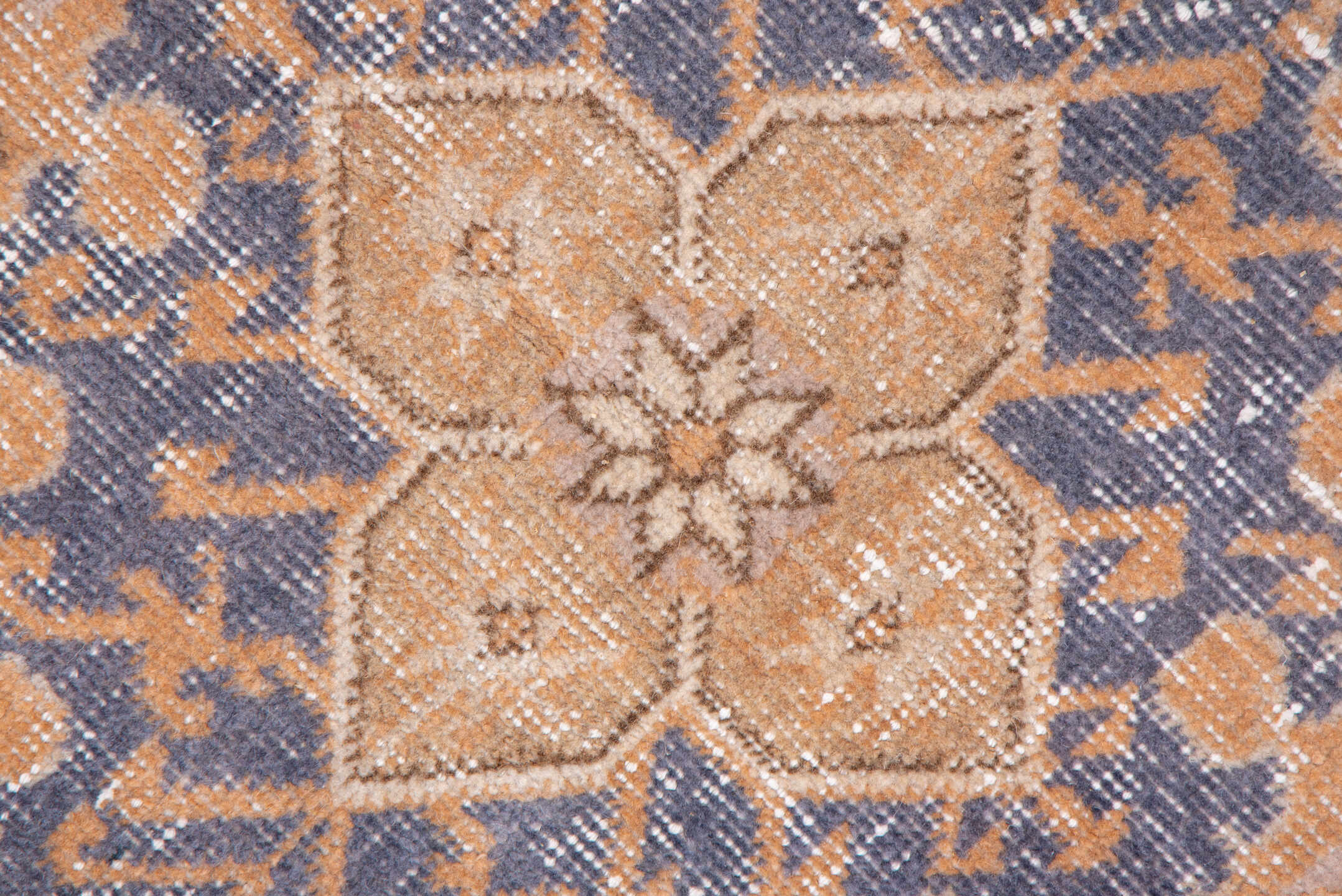 8' x 12' one-of-a-kind handmade vintage Oushak large size rug. Color palette: peach, ivory, slate blue, blush, taupe, camel