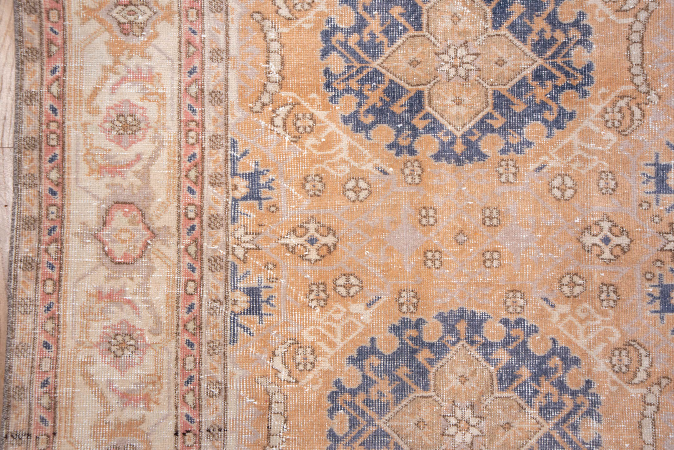 8' x 12' one-of-a-kind handmade vintage Oushak large size rug. Color palette: peach, ivory, slate blue, blush, taupe, camel