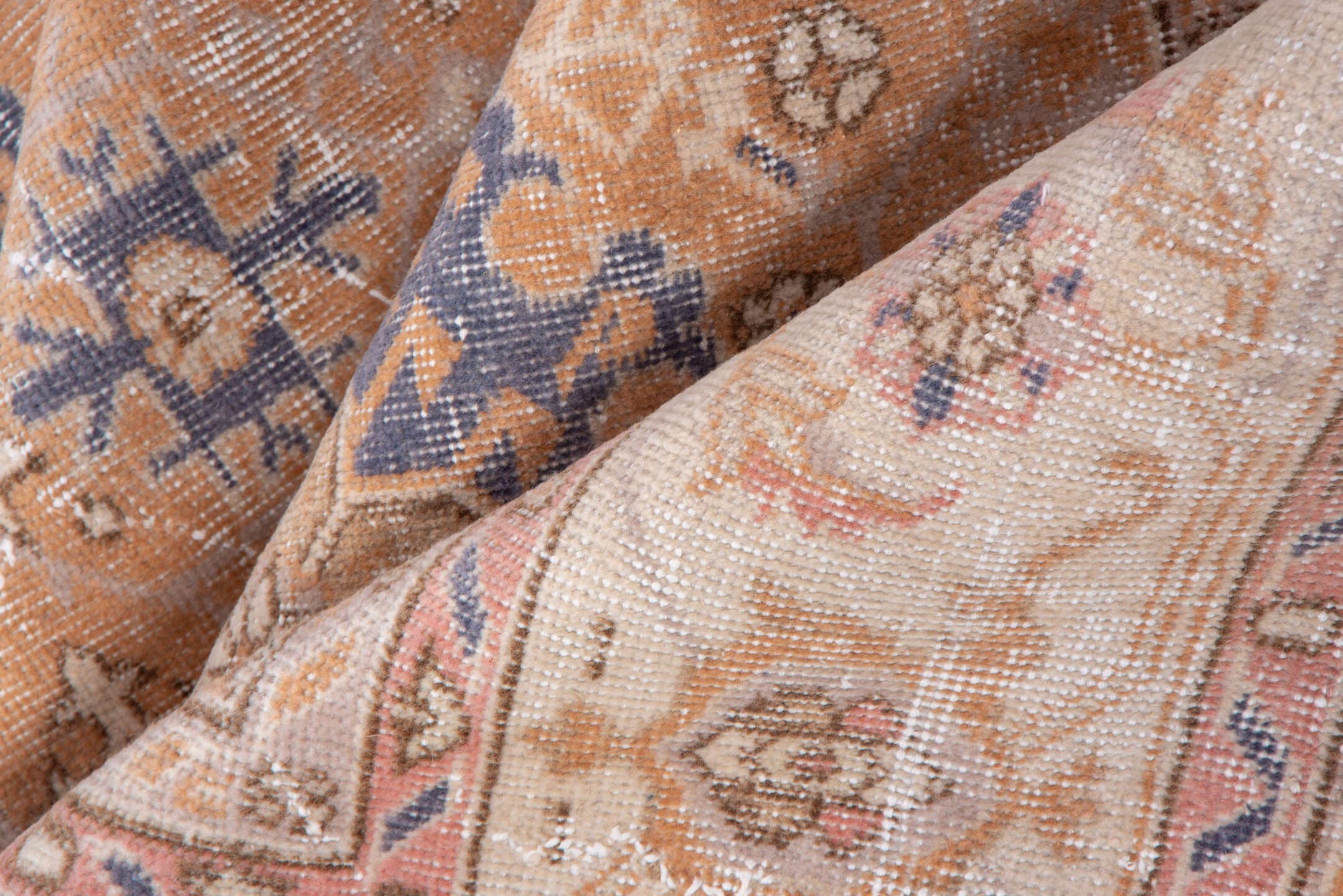 8' x 12' one-of-a-kind handmade vintage Oushak large size rug. Color palette: peach, ivory, slate blue, blush, taupe, camel