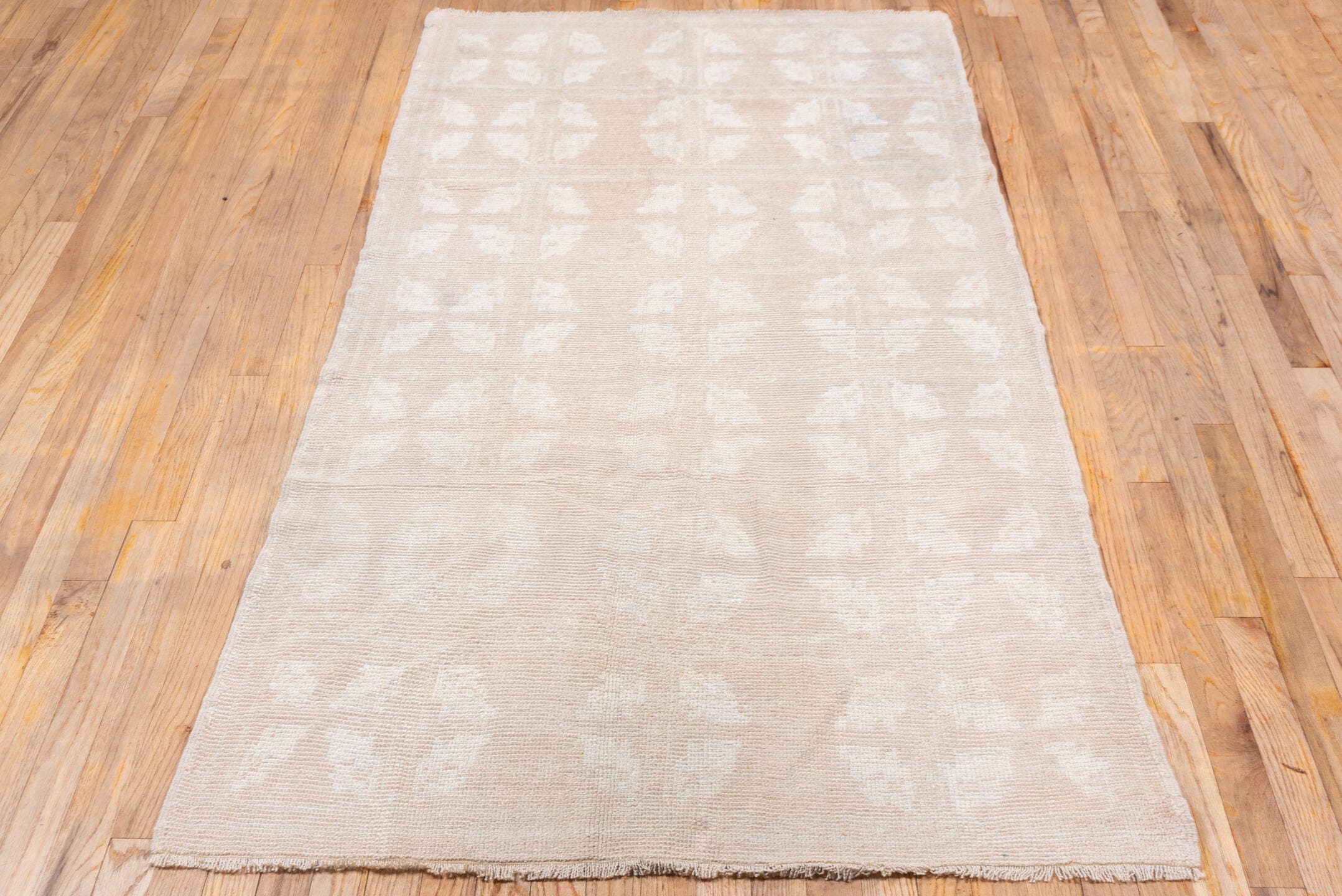 3' x 6' one-of-a-kind handmade vintage Oushak small size rug. Color palette: blush, ivory, cream, taupe, pink, beige, gray