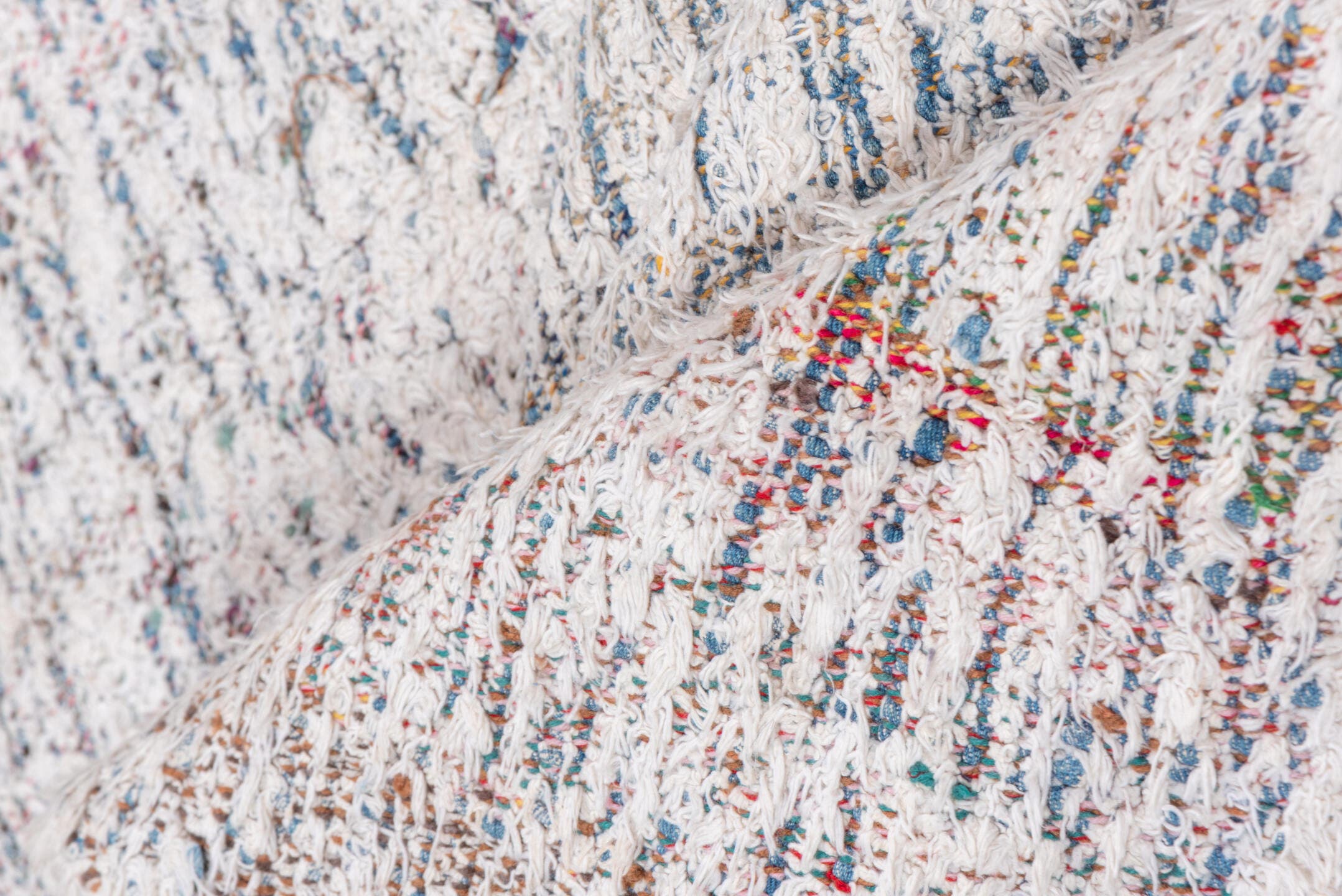 5' x 8' one-of-a-kind handmade vintage Kilim medium size rug. Color palette: ivory, blue, rose, taupe, sage, terra cotta