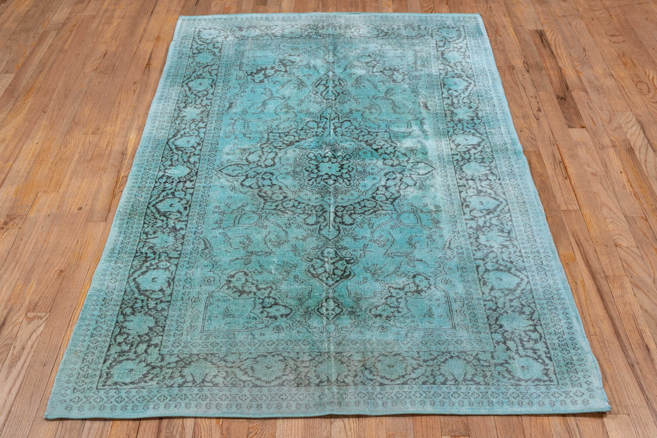 4' x 7' one-of-a-kind handmade vintage Overdyed rug. Color palette: aqua, ivory, silver, taupe, gray, teal, beige
