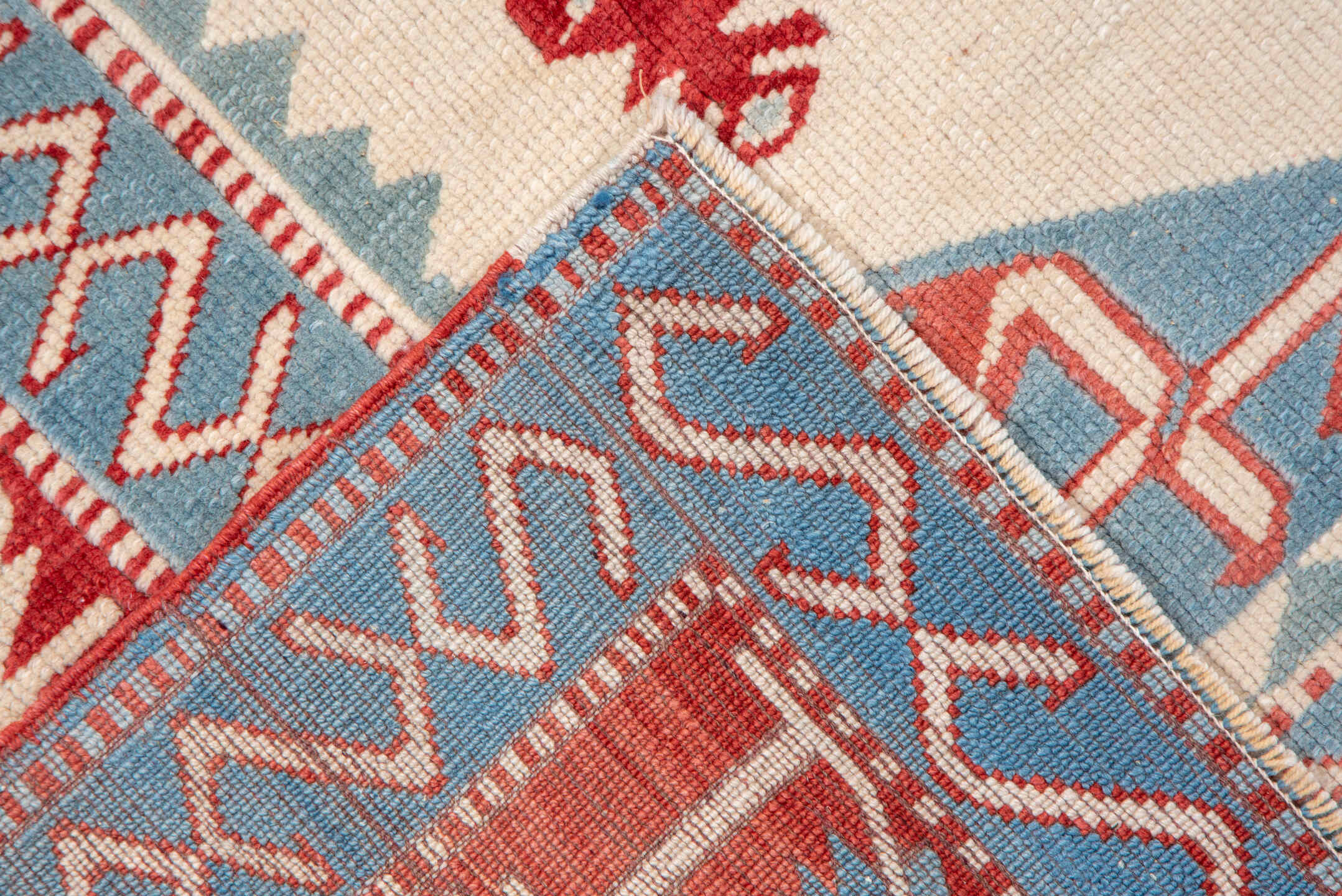 7' x 9' one-of-a-kind handmade vintage Oushak rug. Color palette: ivory, sky blue, rust, brick red, cream, light blue