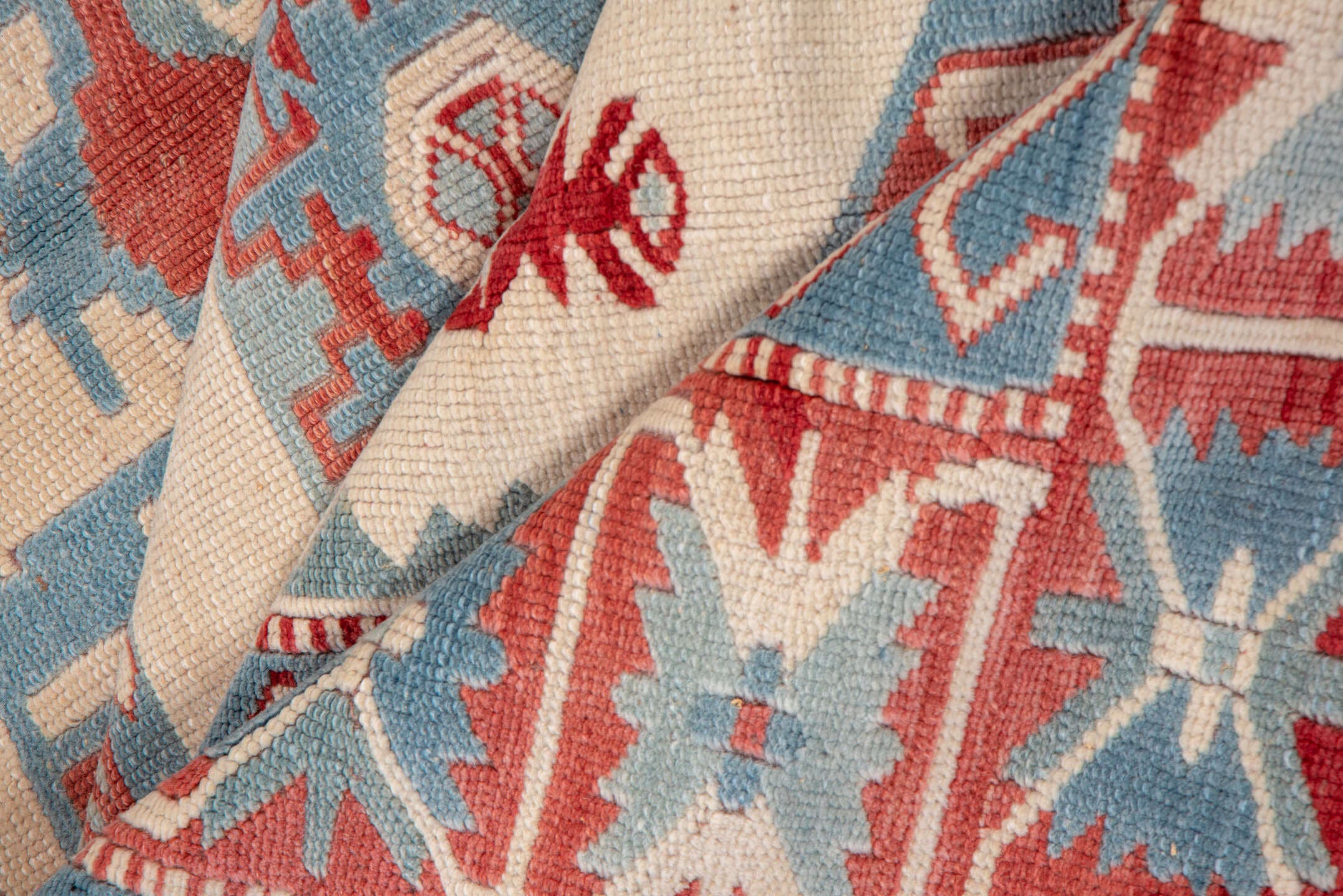 7' x 9' one-of-a-kind handmade vintage Oushak rug. Color palette: ivory, sky blue, rust, brick red, cream, light blue