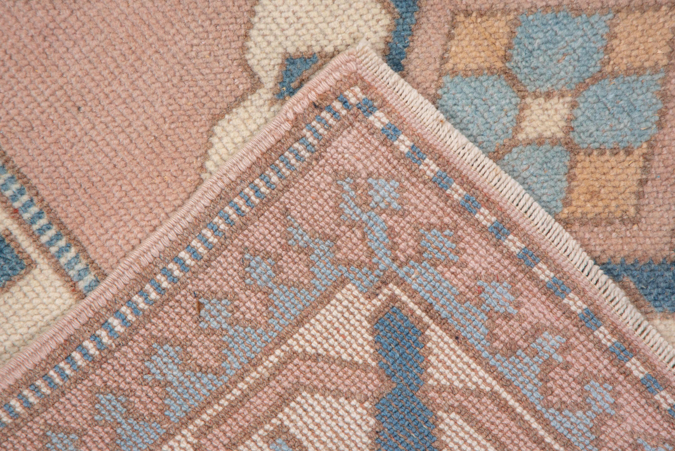 2' x 12' one-of-a-kind handmade vintage Oushak runner rug. Color palette: blush, ivory, powder_blue, denim, taupe, pink