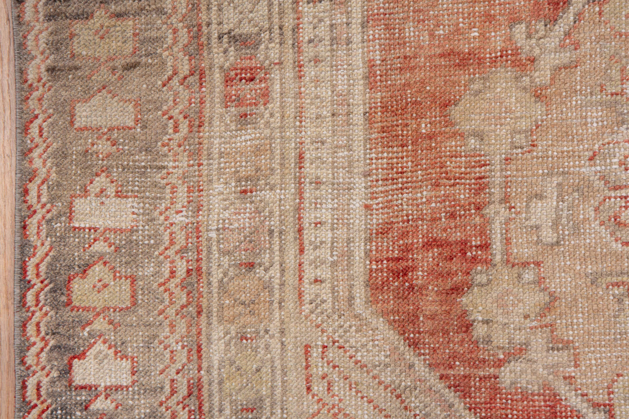 4' x 7' one-of-a-kind handmade vintage Oushak rug. Color palette: coral, ivory, gray, taupe, rose, slate, terracotta, beige
