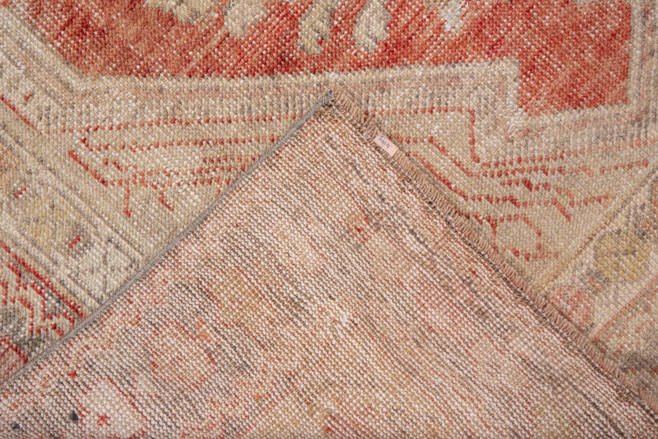 4' x 7' one-of-a-kind handmade vintage Oushak rug. Color palette: coral, ivory, gray, taupe, rose, slate, terracotta, beige