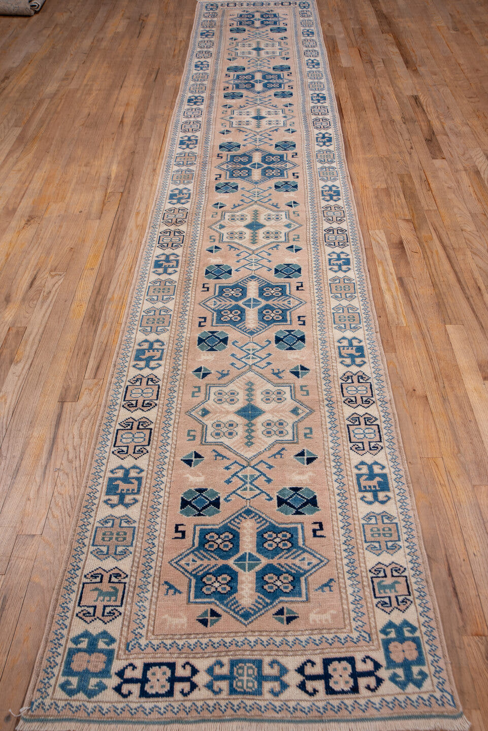 2' x 15' one-of-a-kind handmade vintage Oushak runner rug. Color palette: blush, denim, ivory, taupe, slate, pink, blue