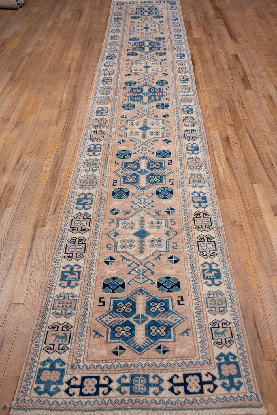 2' x 15' one-of-a-kind handmade vintage Oushak runner rug. Color palette: blue, brown, fiord, gray, light gray, off-white