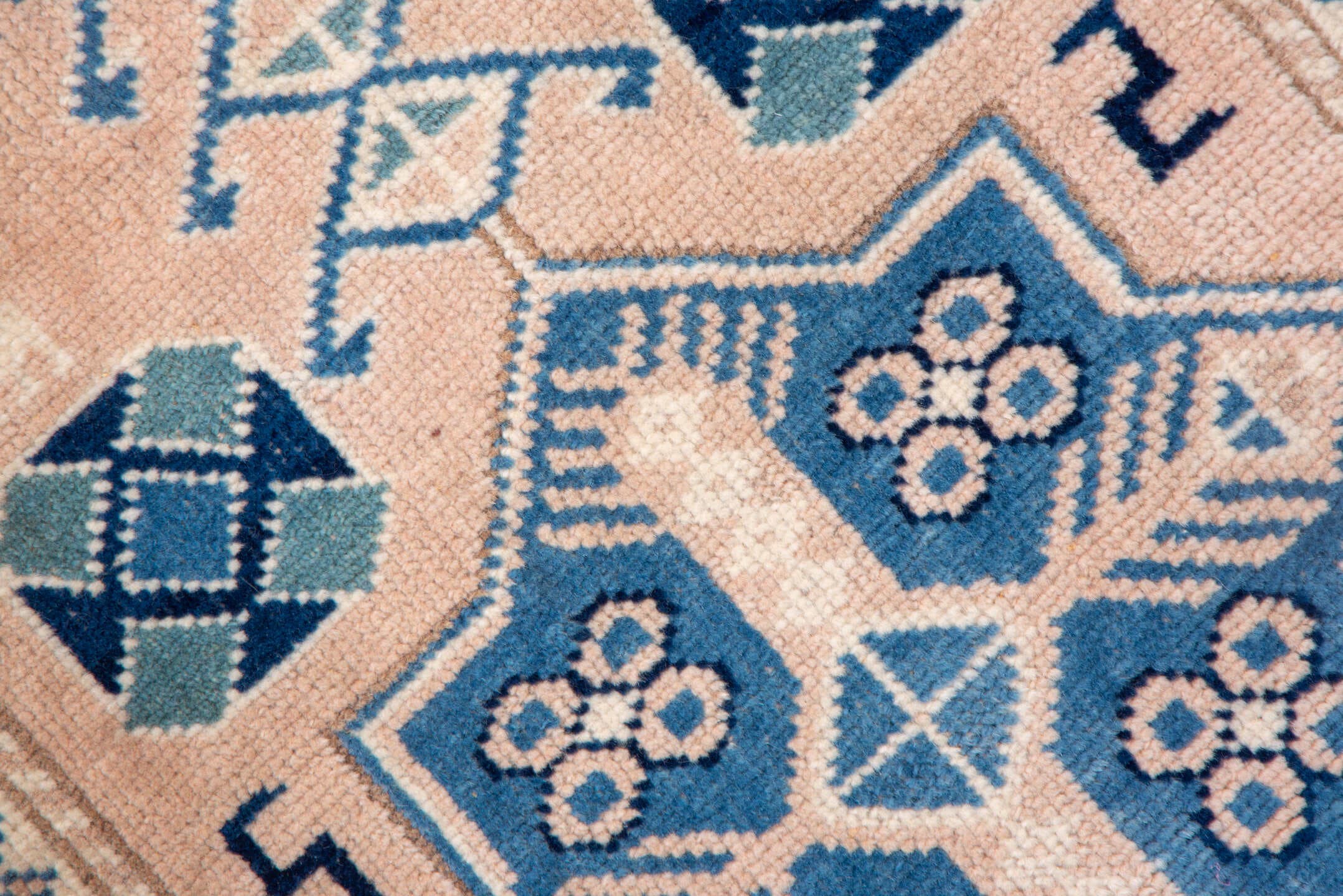 2' x 15' one-of-a-kind handmade vintage Oushak runner rug. Color palette: blush, denim, ivory, taupe, slate, pink, blue