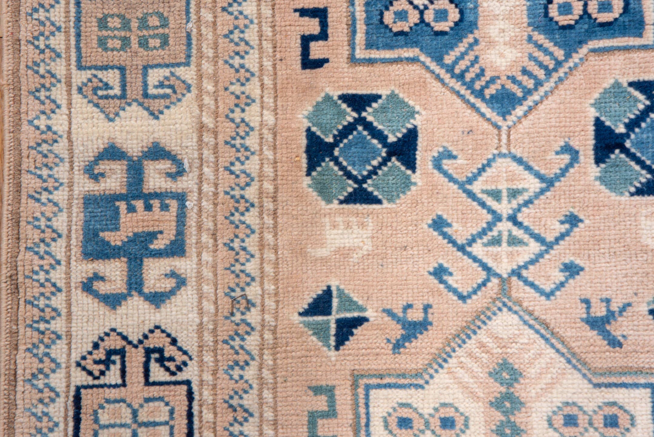 2' x 15' one-of-a-kind handmade vintage Oushak runner rug. Color palette: blush, denim, ivory, taupe, slate, pink, blue
