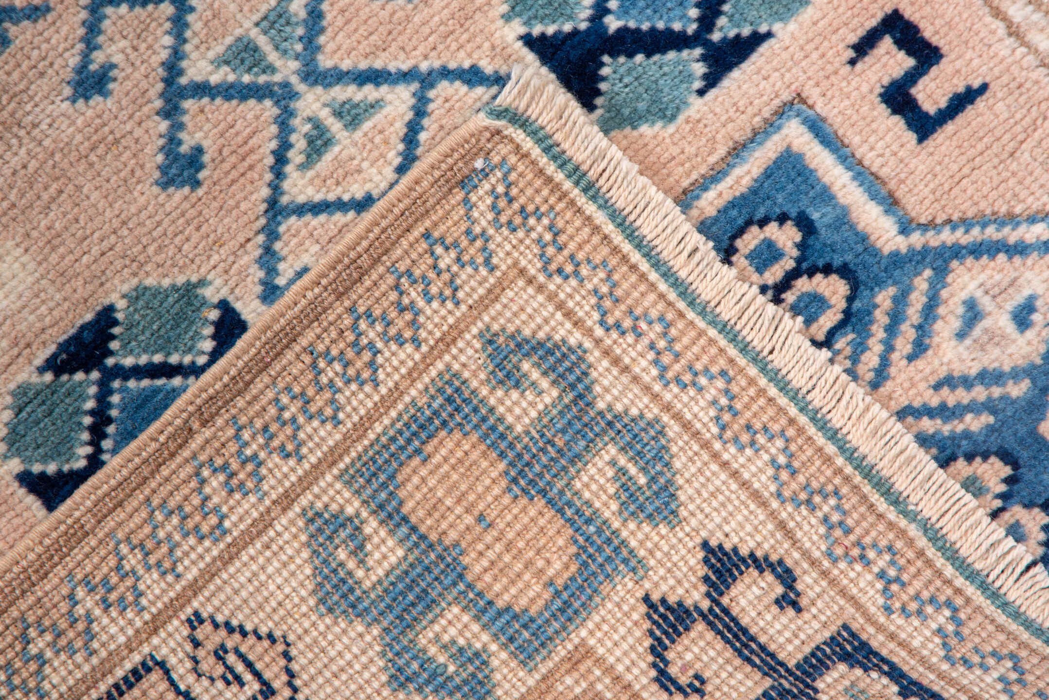 2' x 15' one-of-a-kind handmade vintage Oushak runner rug. Color palette: blue, brown, fiord, gray, light gray, off-white