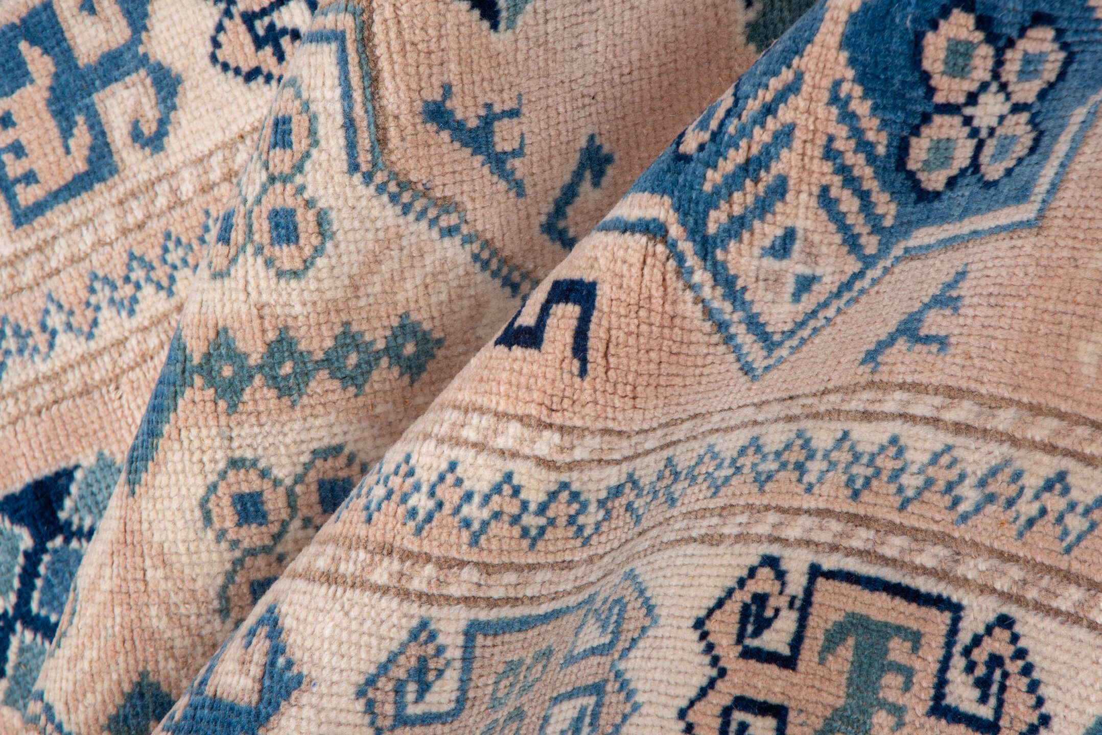 2' x 15' one-of-a-kind handmade vintage Oushak runner rug. Color palette: blush, denim, ivory, taupe, slate, pink, blue