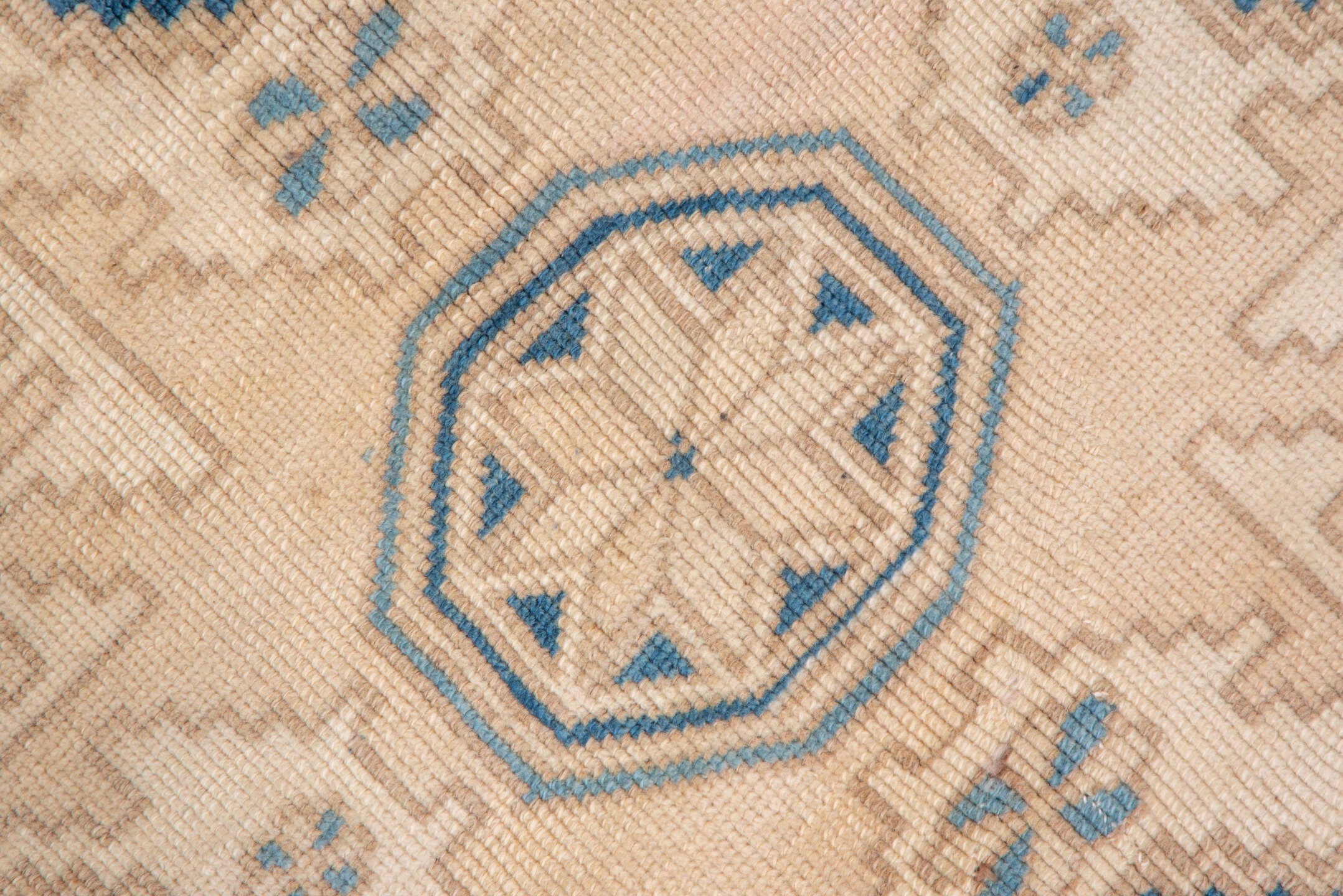 6' x 8' one-of-a-kind handmade vintage Oushak medium size rug. Color palette: ivory, pale blue, beige, taupe, camel