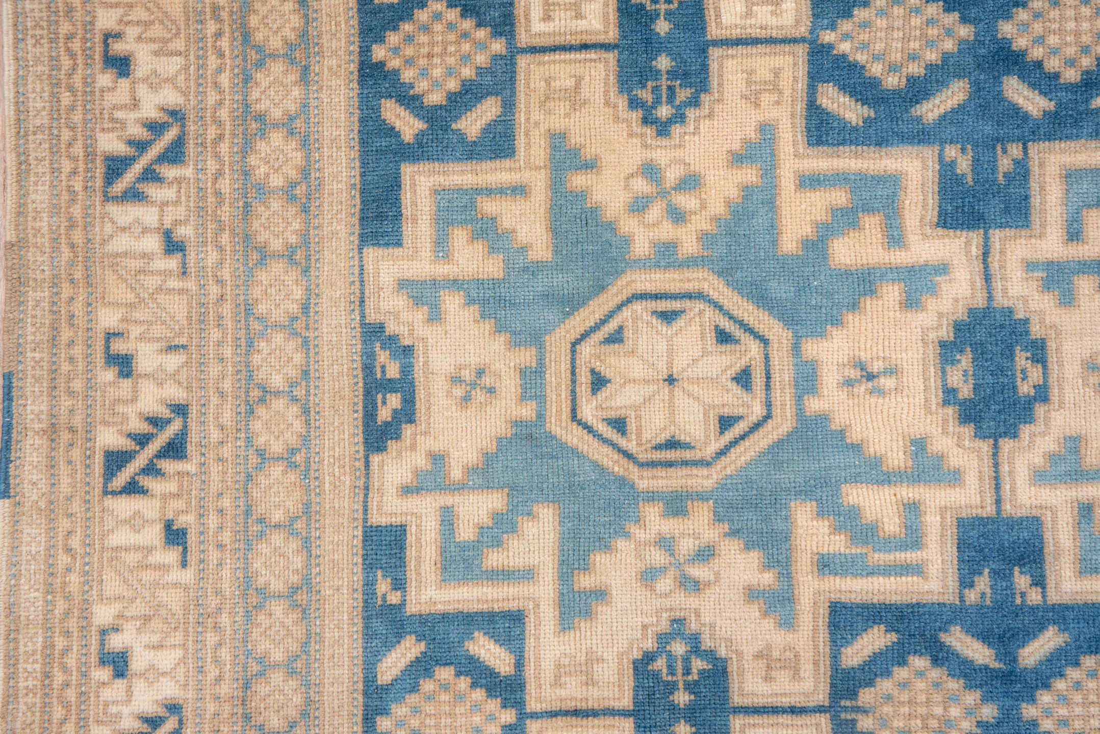 6' x 8' one-of-a-kind handmade vintage Oushak medium size rug. Color palette: ivory, pale blue, beige, taupe, camel