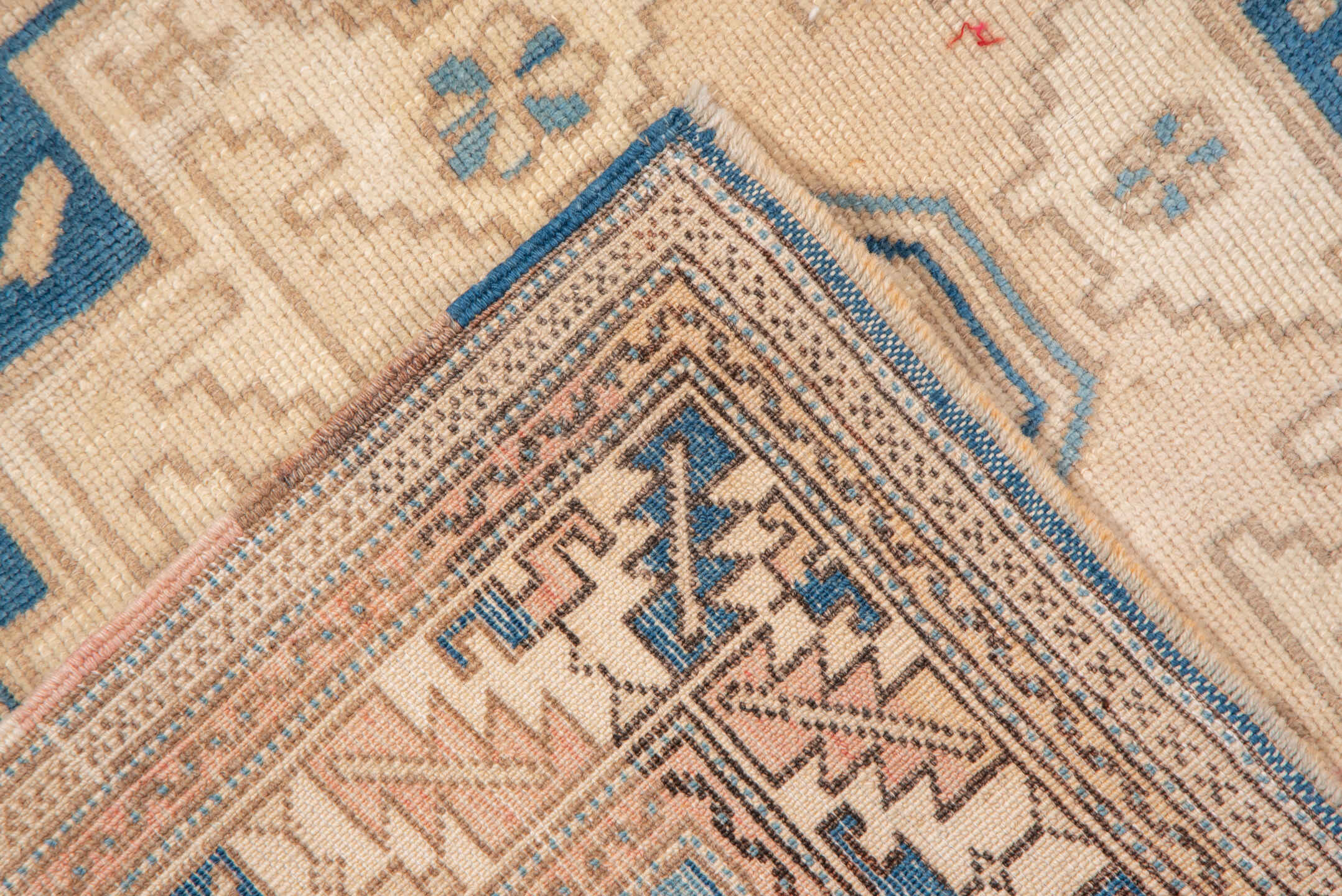 6' x 8' one-of-a-kind handmade vintage Oushak medium size rug. Color palette: ivory, pale blue, beige, taupe, camel
