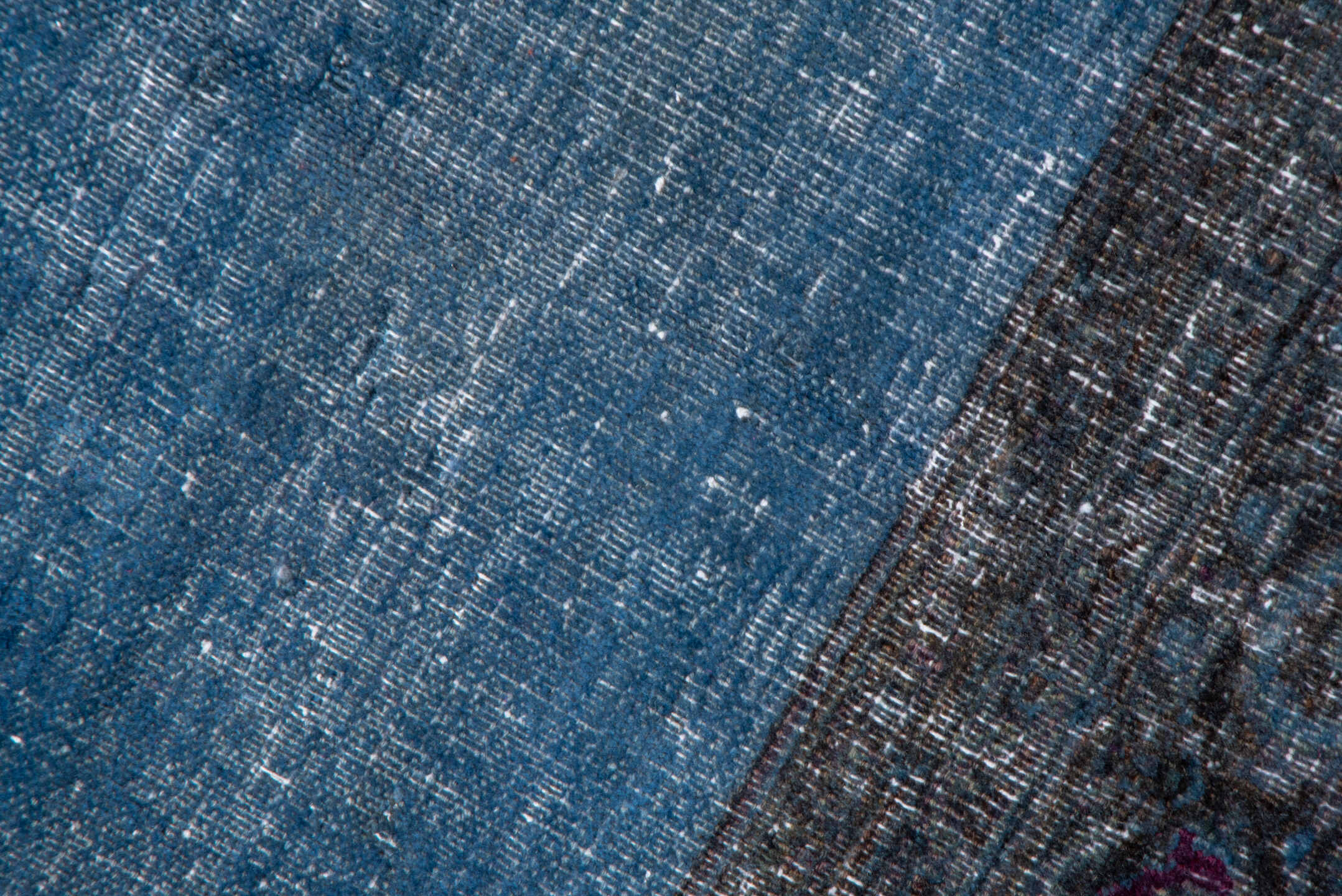 13' x 15' one-of-a-kind handmade vintage Overdyed oversize rug. Color palette: blue, charcoal, slate, lavender, plum, gray