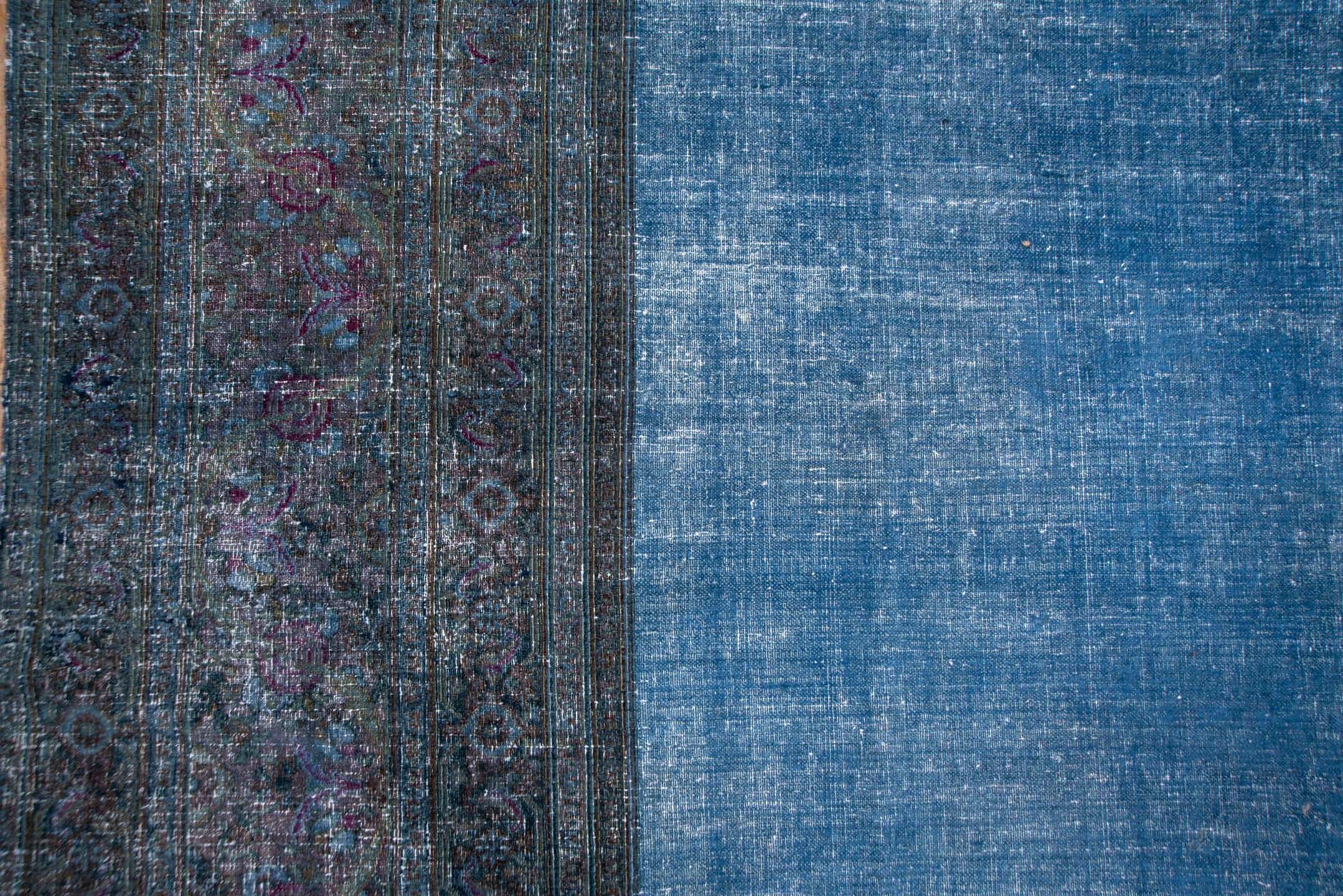 13' x 15' one-of-a-kind handmade vintage Overdyed oversize rug. Color palette: blue, charcoal, slate, lavender, plum, gray