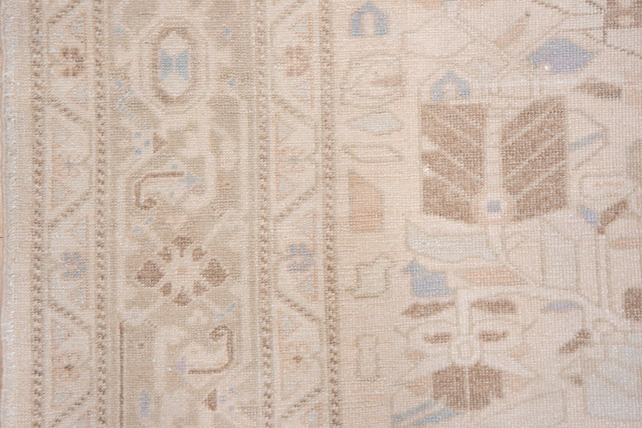 6' x 9' one-of-a-kind handmade vintage Oushak medium size rug. Color palette: ivory, blush, taupe, pale_blue, beige, sand